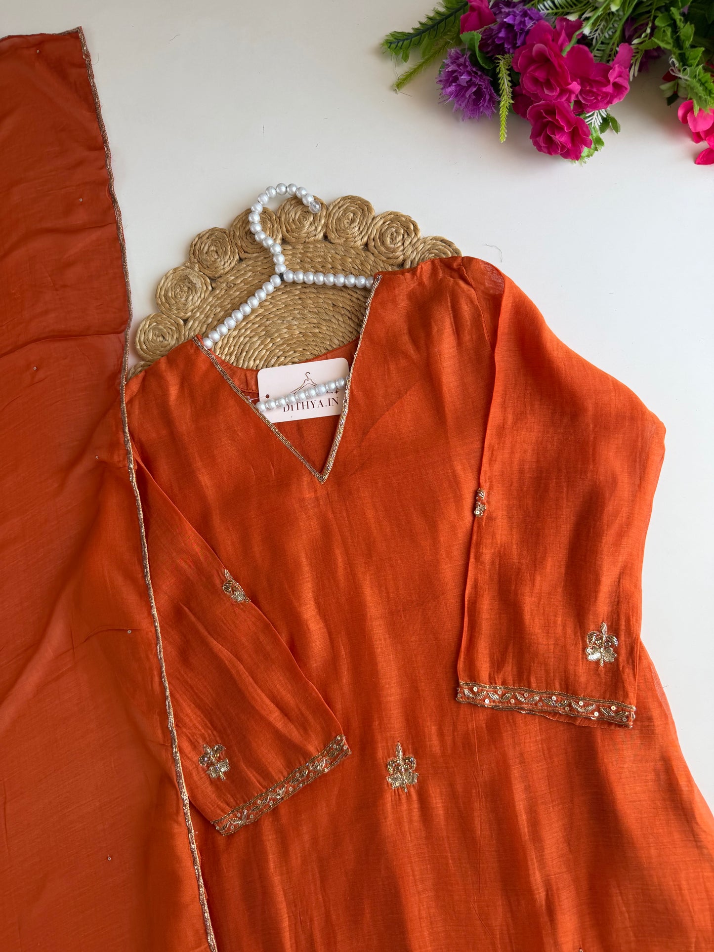 K260 - Mul chanderi handwork Aline Kurti with pants and dupatta