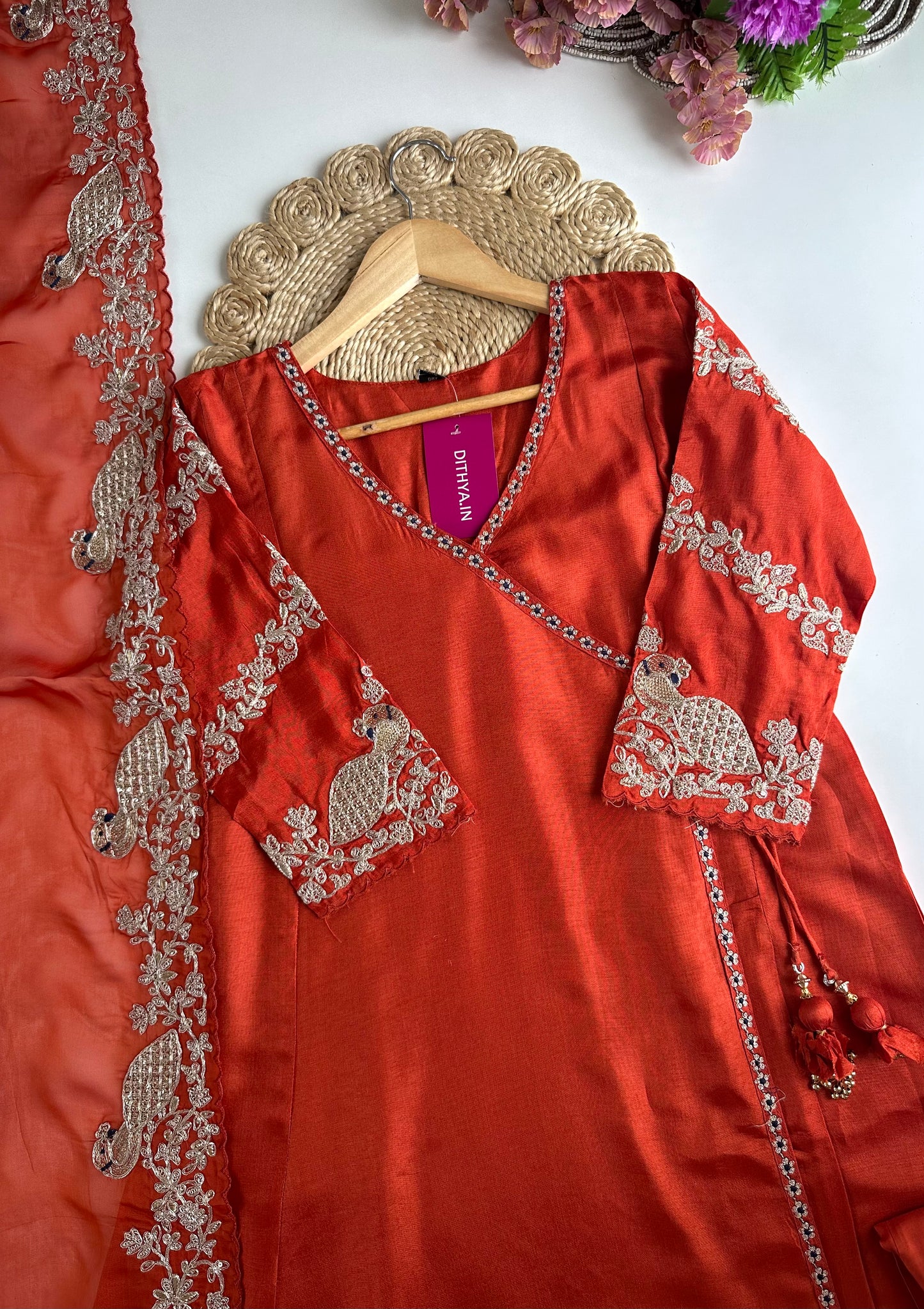 K035 - Russian silk zari work Angrakha Anarkali with pants and dupatta
