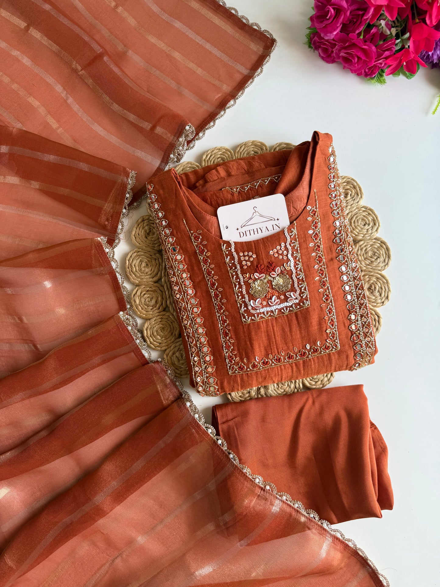 K435 - Mul chanderi handwork Aline Kurti with pants and dupatta