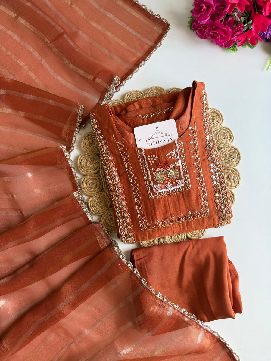 K435 - Mul chanderi handwork Aline Kurti with pants and dupatta
