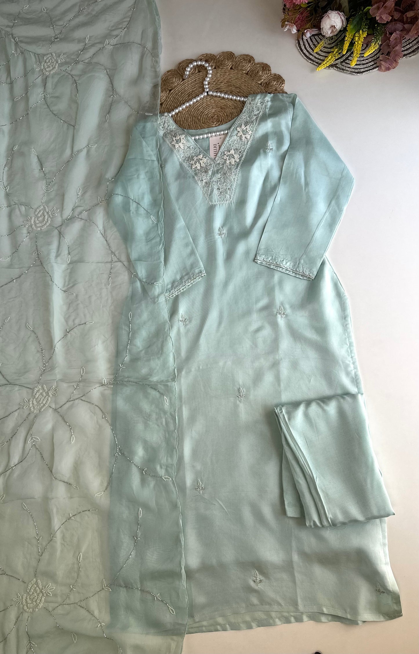 K472 - Russian silk handwork straight Kurti with pants and dupatta