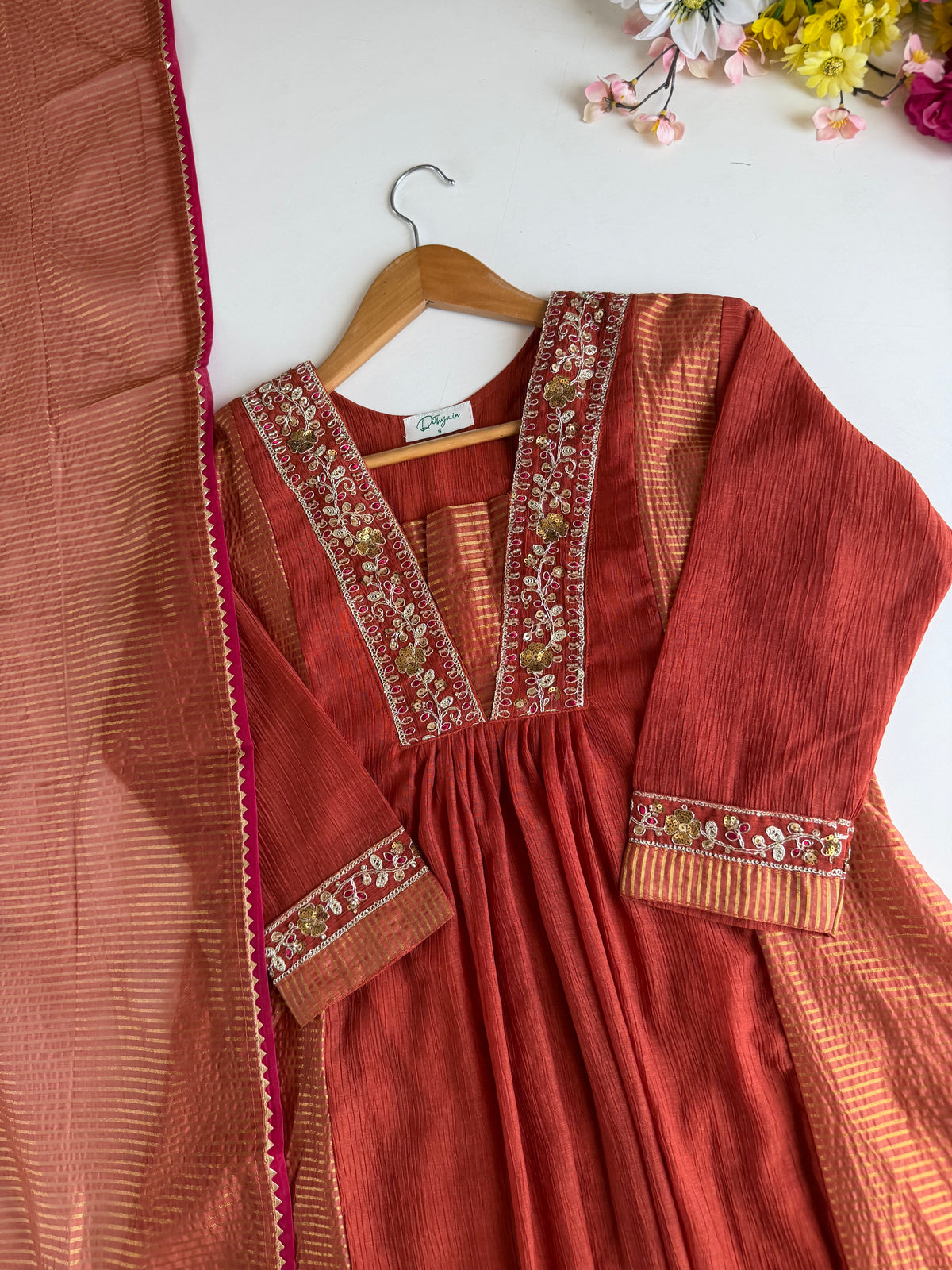 K339 - Crushed Surat Mul chanderi embroidered Anarkali with pants and dupatta