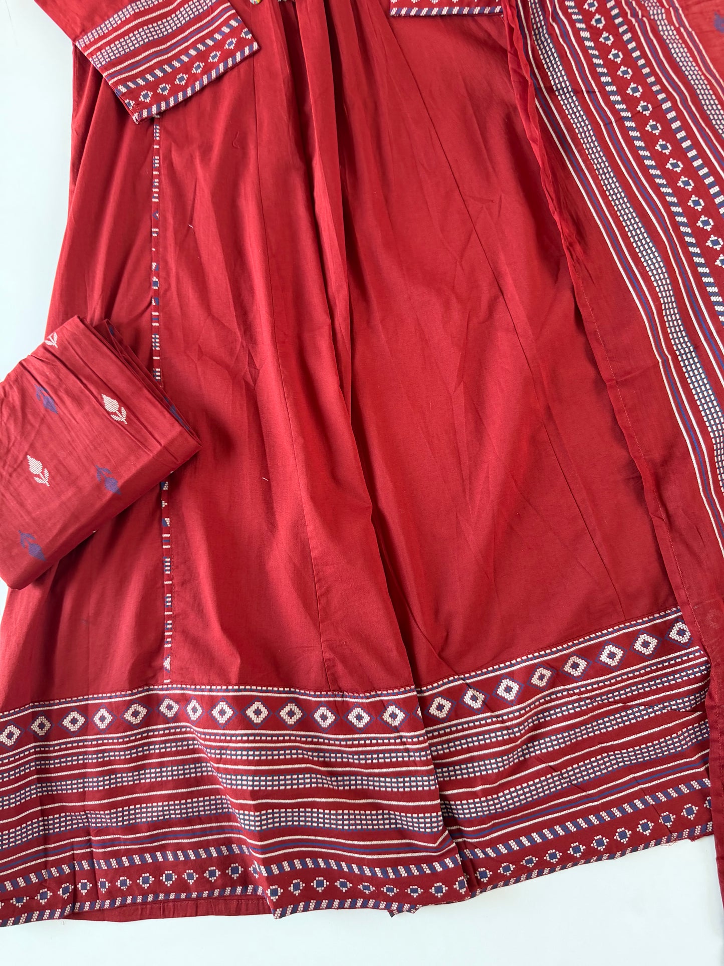 K692 - Mul cotton embroidered Aline Kurti with pants and dupatta