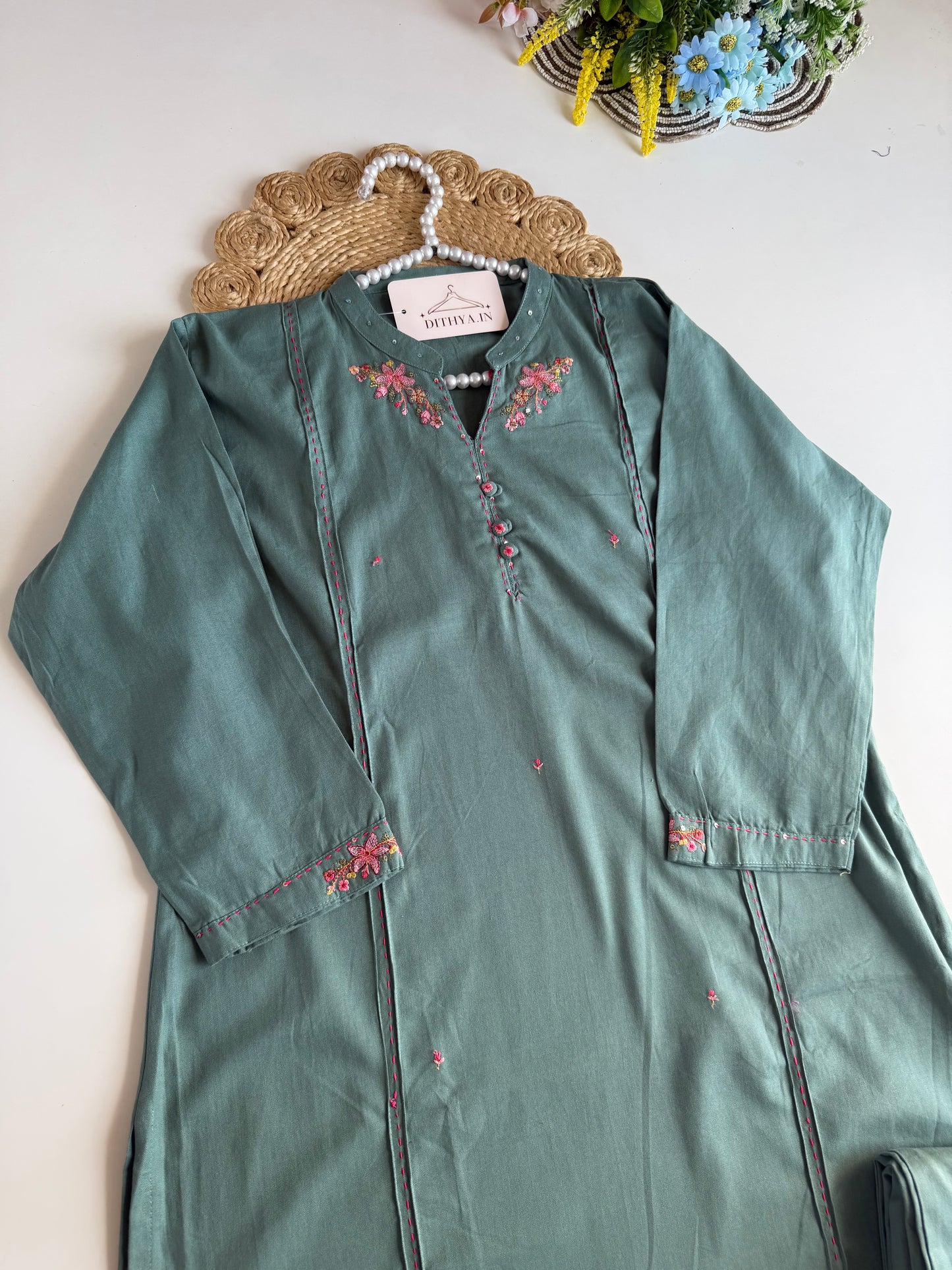 K684 - Cotton embroidered straight Kurti with pants