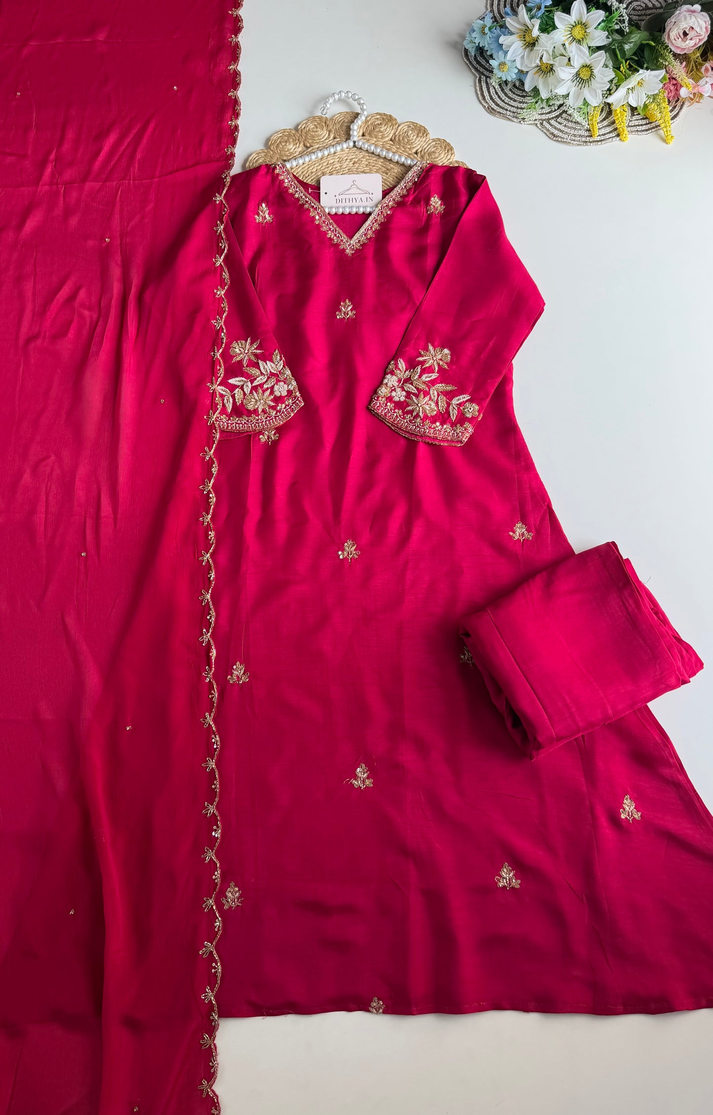 K126 - Russian silk handwork Aline Kurti with pants and dupatta in 2 colours