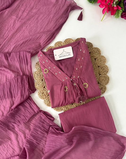 K395 - Mul cotton embroidered Aline Kurti with pants and dupatta in 3 colours