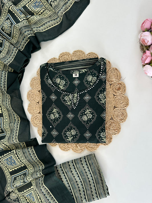 K038 - Cotton printed straight Kurti with pants and dupatta