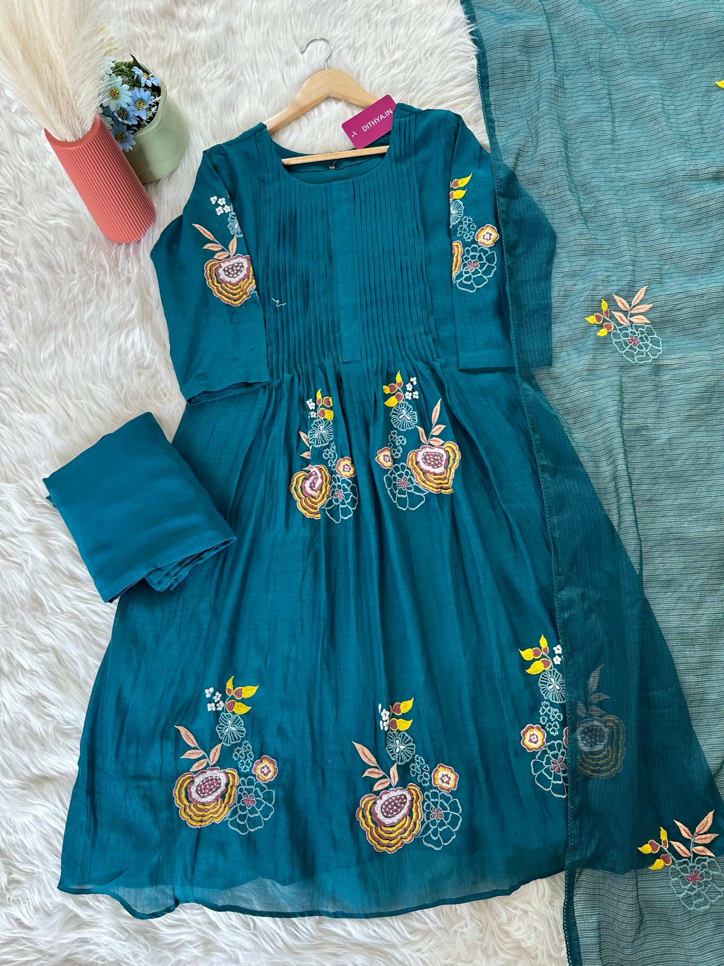 K294 - Mul Chanderi Appliqué work Aline Kurti with pants and dupatta in 2 colours