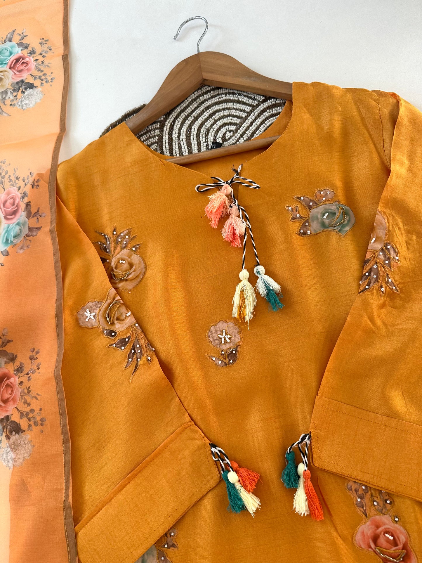 K127 - Dola silk appliqué work straight Kurti with pants and dupatta