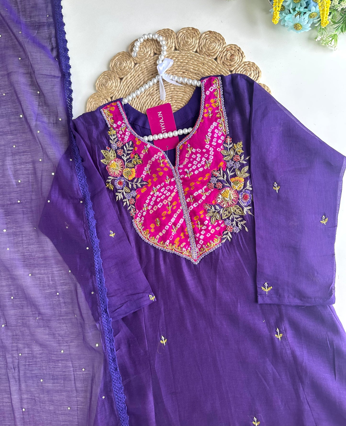 K085 - Mul Chanderi Handwork Aline Kurti with pants and dupatta