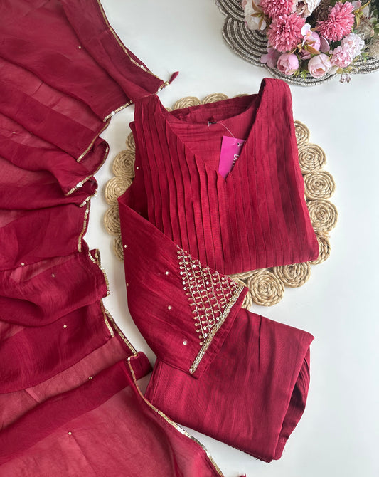K395 - Mul Chanderi Handwork Aline Kurti with pants and dupatta