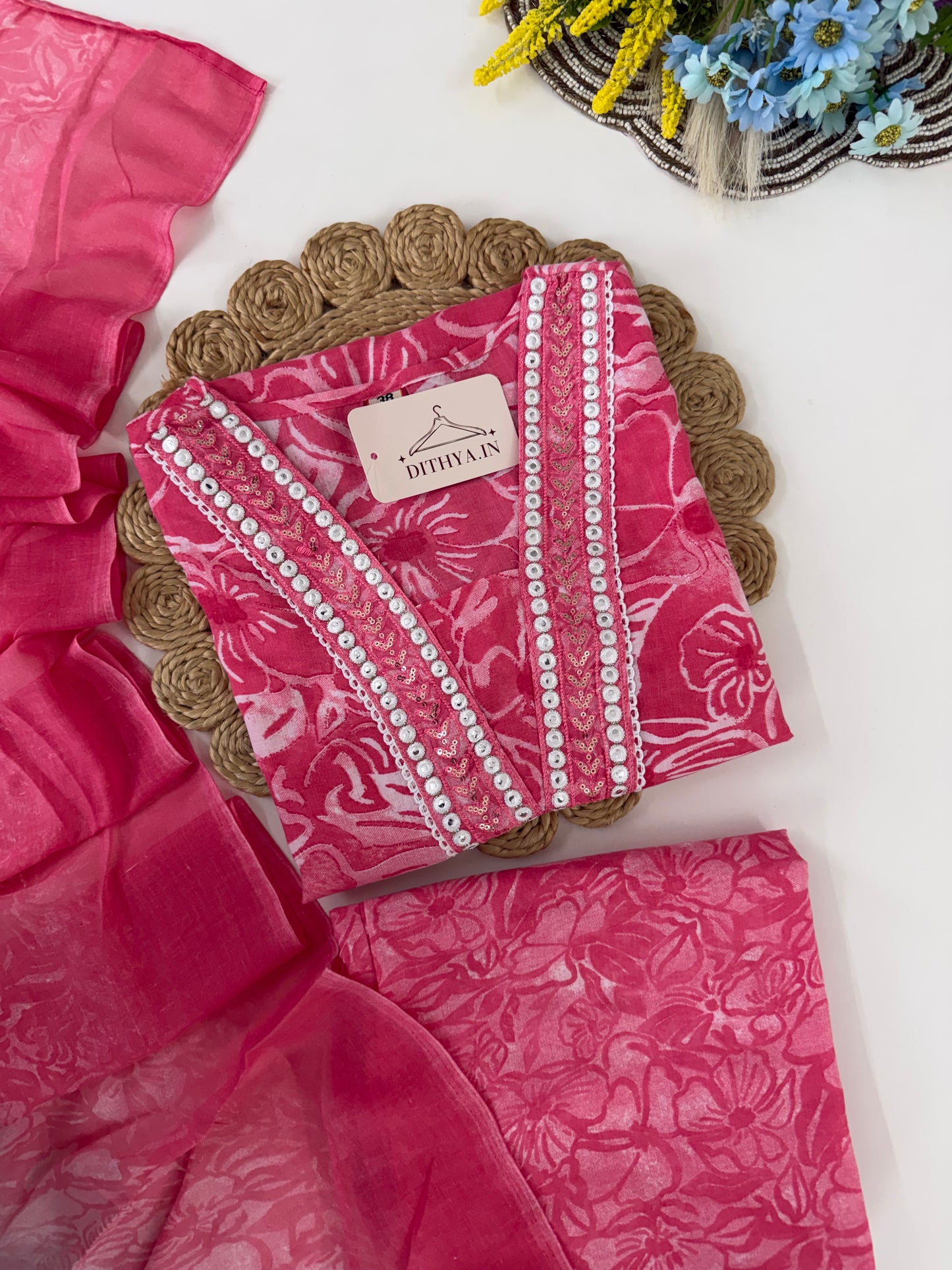 K341 - Cotton embroidered straight Kurti with pants and dupatta