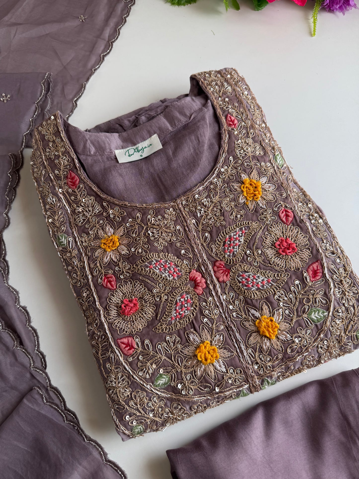 K424 - Mul chanderi heavy handwork Anarkali with pants and dupatta in 2 colours