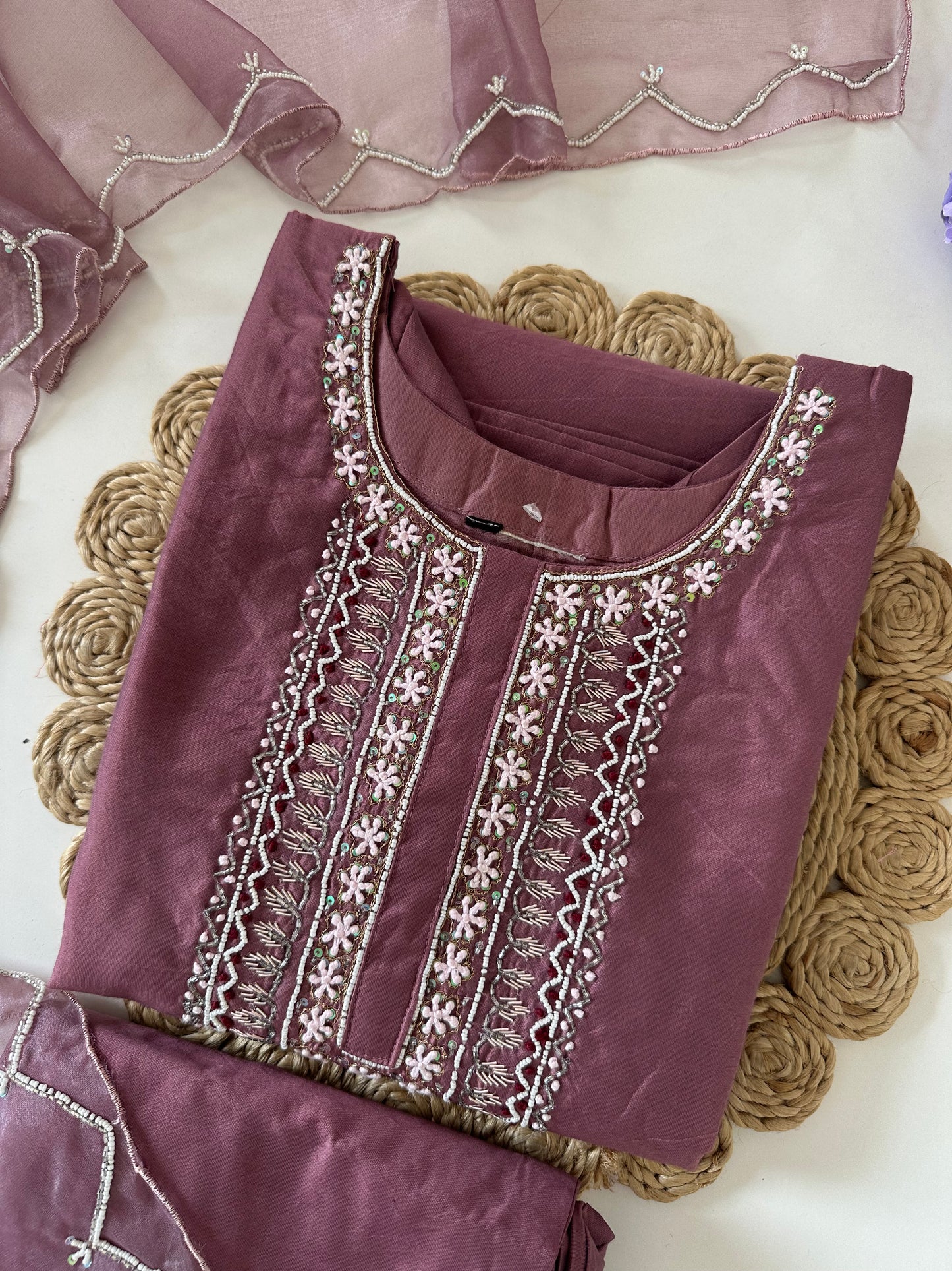 D128 - Roman silk handwork straight Kurti with pants and dupatta
