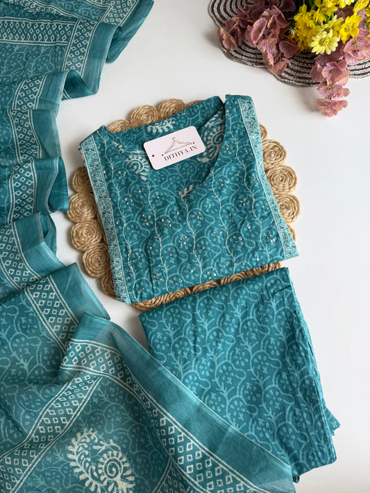 K435 - Mul cotton printed straight Kurti with pants and dupatta