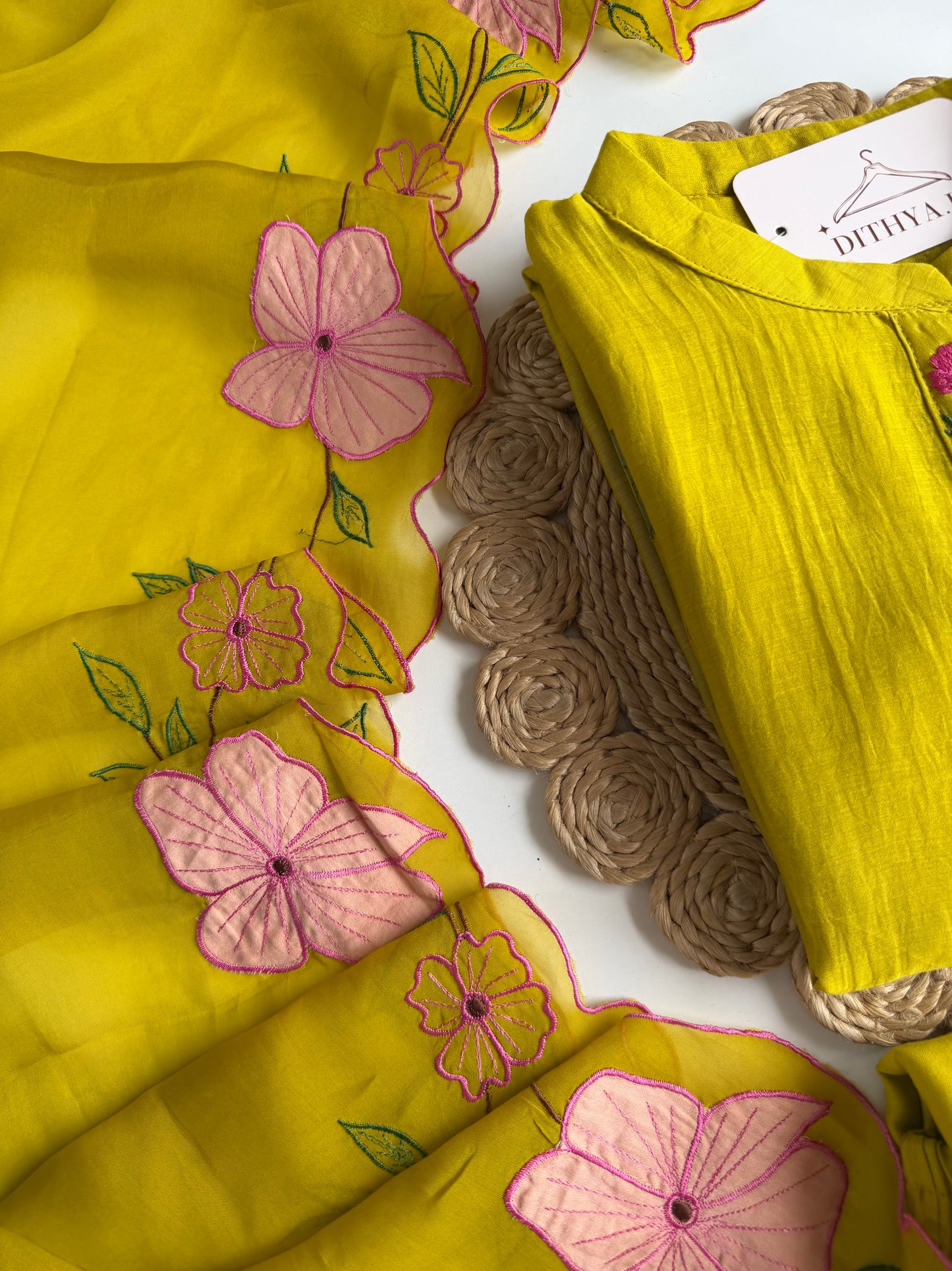 K006 - Mul chanderi appliqué embroidered Aline Kurti with pants and dupatta