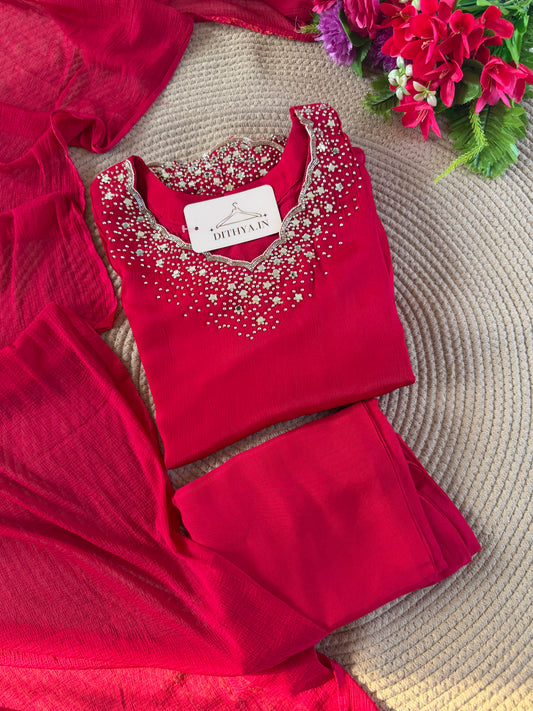 K491 - Pure Chinnon handwork aline Kurti with pants and dupatta