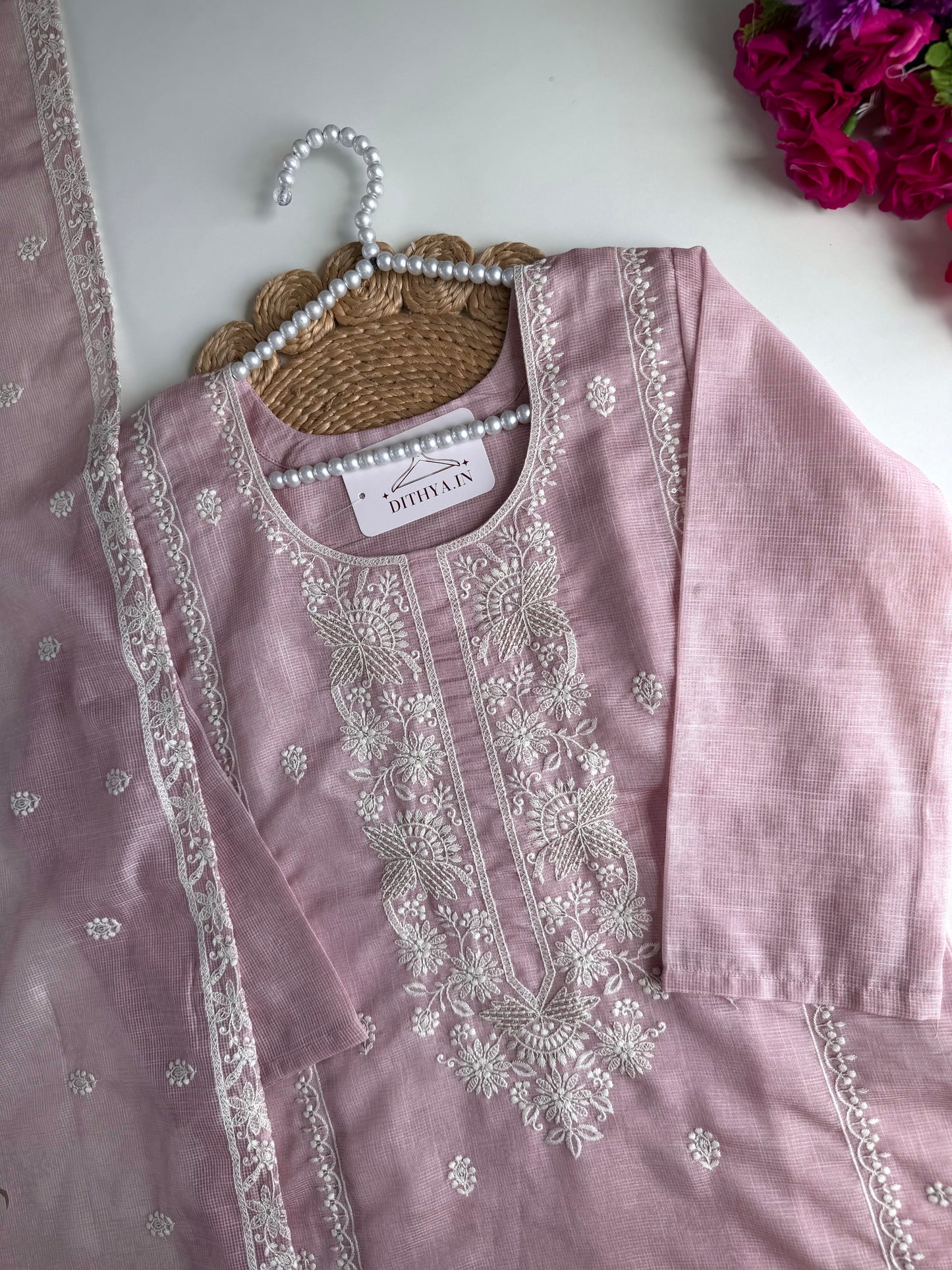 K465 - Kota Doriya embroidered straight Kurti with pants and dupatta