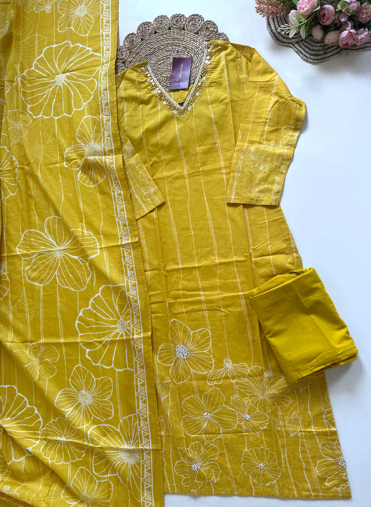 K353 - Cotton printed Straight kurti with pants and dupatta .