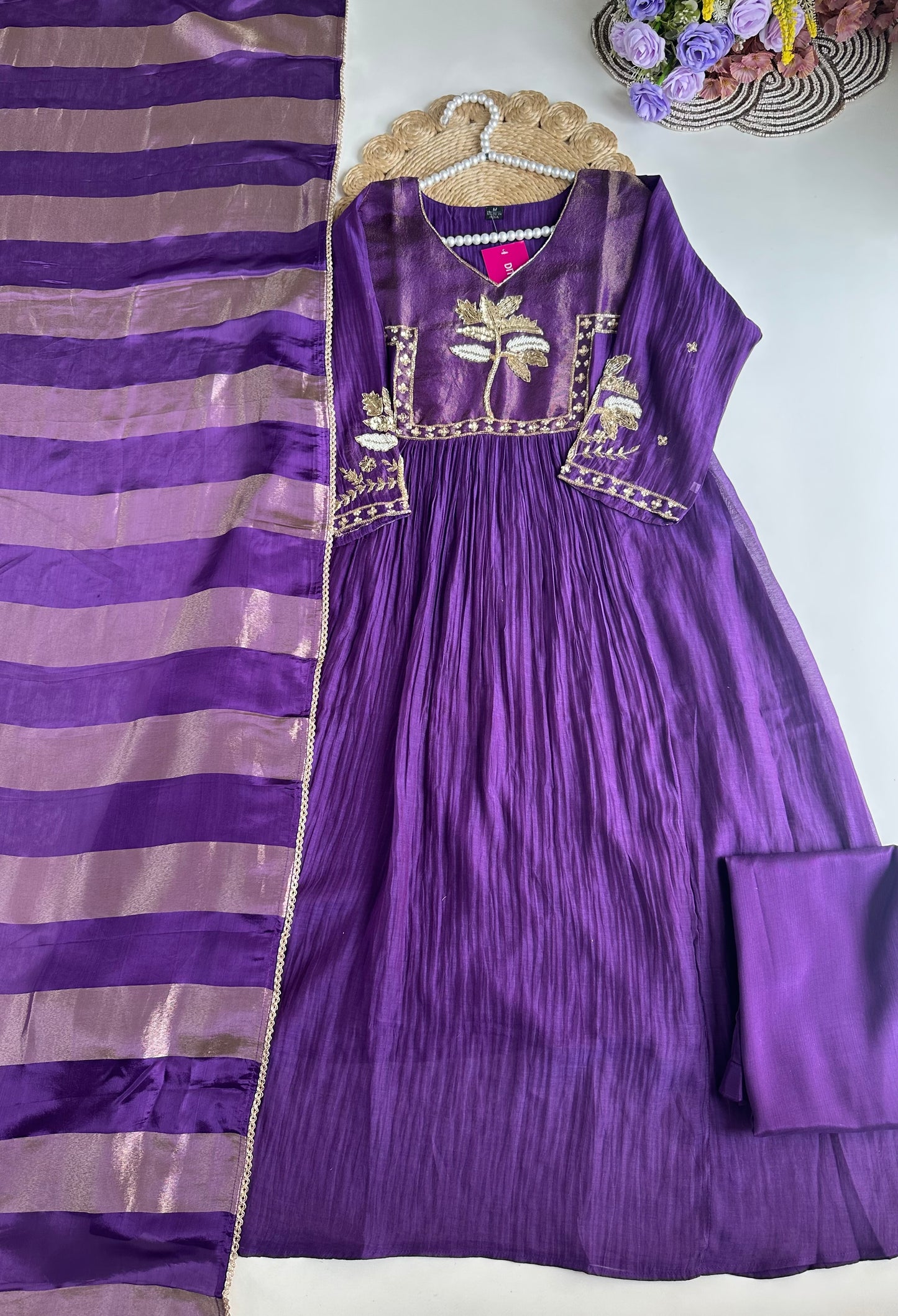 K430 - Mul Chanderi handwork Anarkali with pants and dupatta