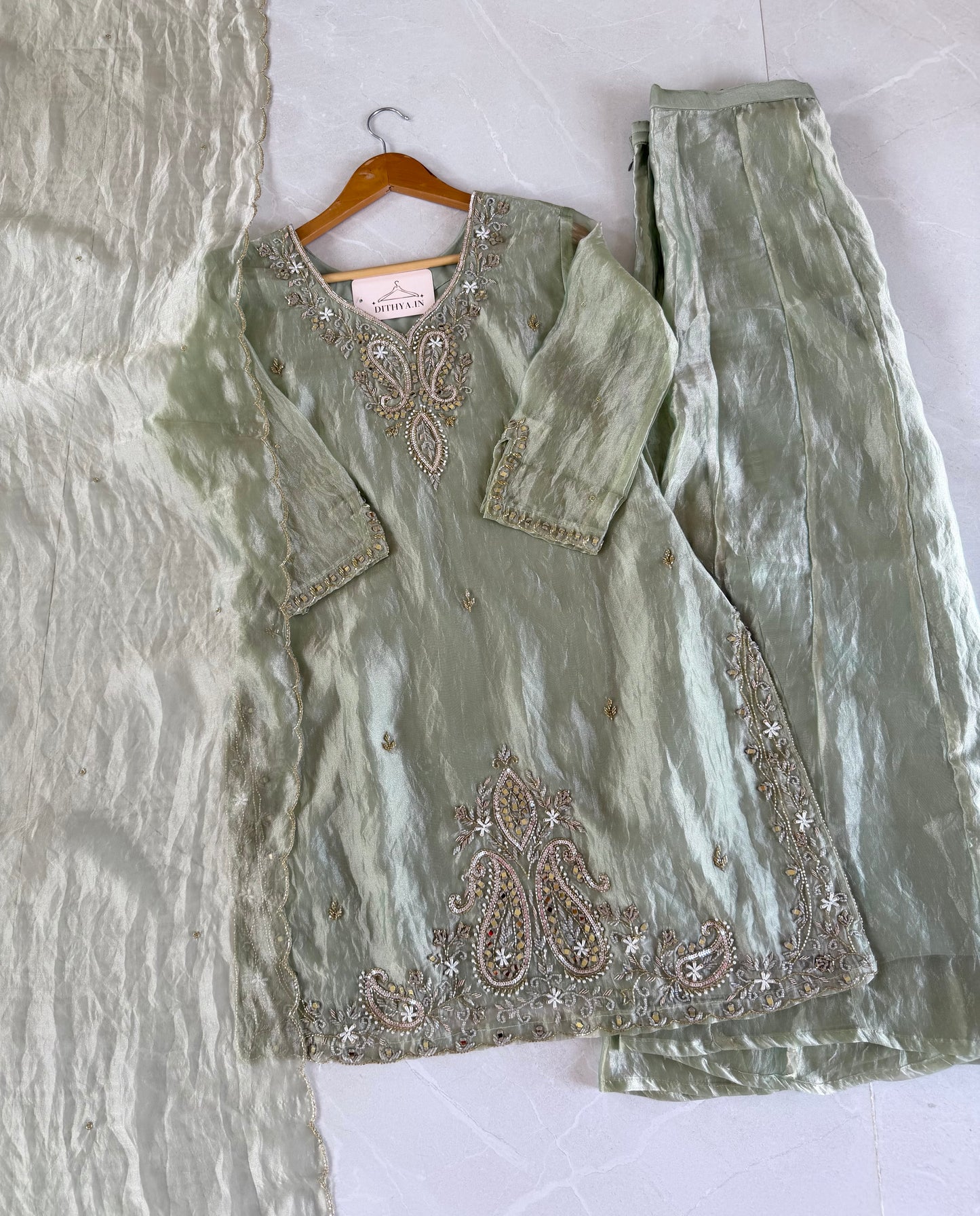 K494 - Tissue silk handwork short Kurti with divider pants and dupatta