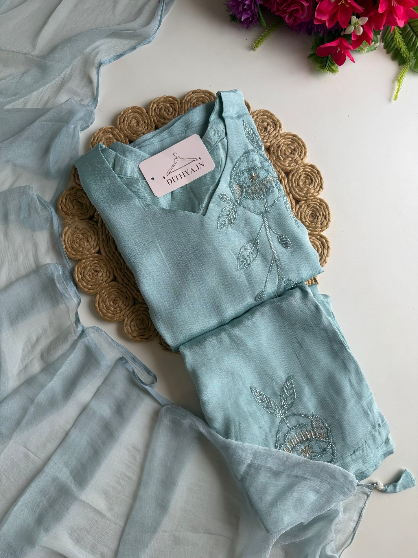 K457 - Pure Chinnon handwork straight Kurti with pants and dupatta