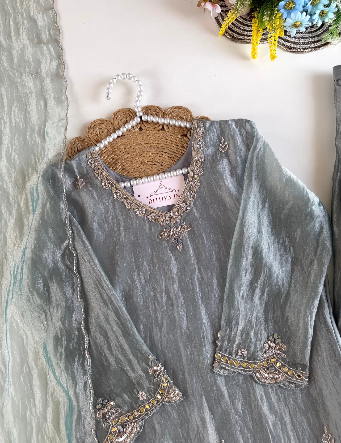 K646 - Glass tissue silk handwork short Kurti with divider pants and dupatta