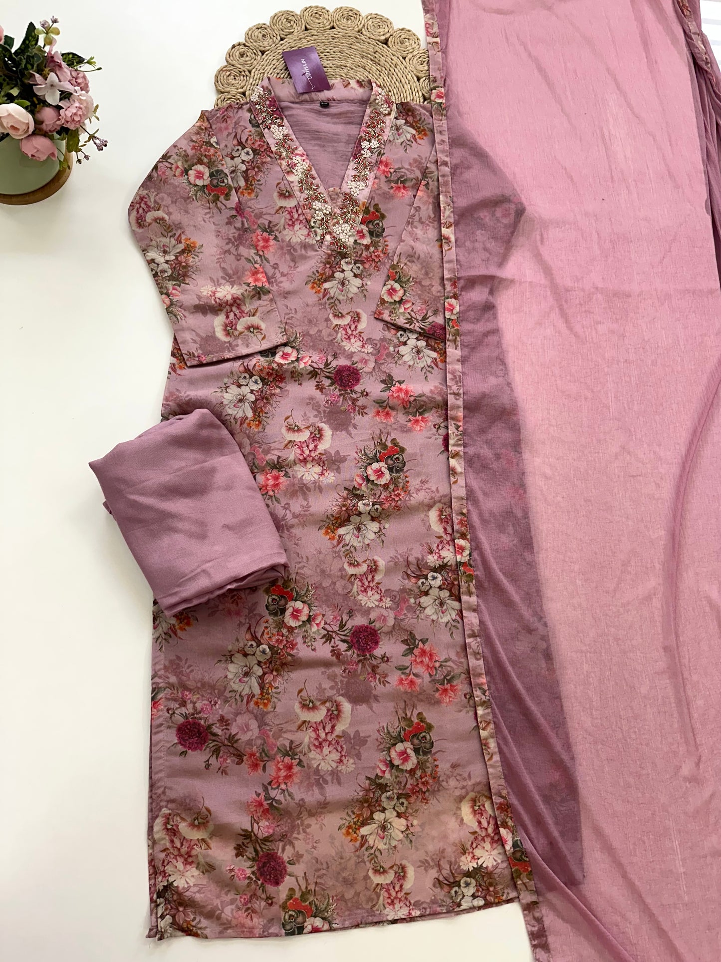 K140 - Tissue silk Floral straight kurti with pants and dupatta in 2 colours .