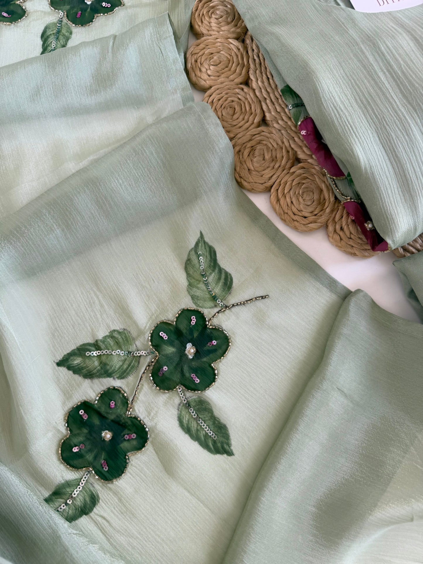 K634 - Pure Chinnon handwork Aline Kurti with pants and dupatta