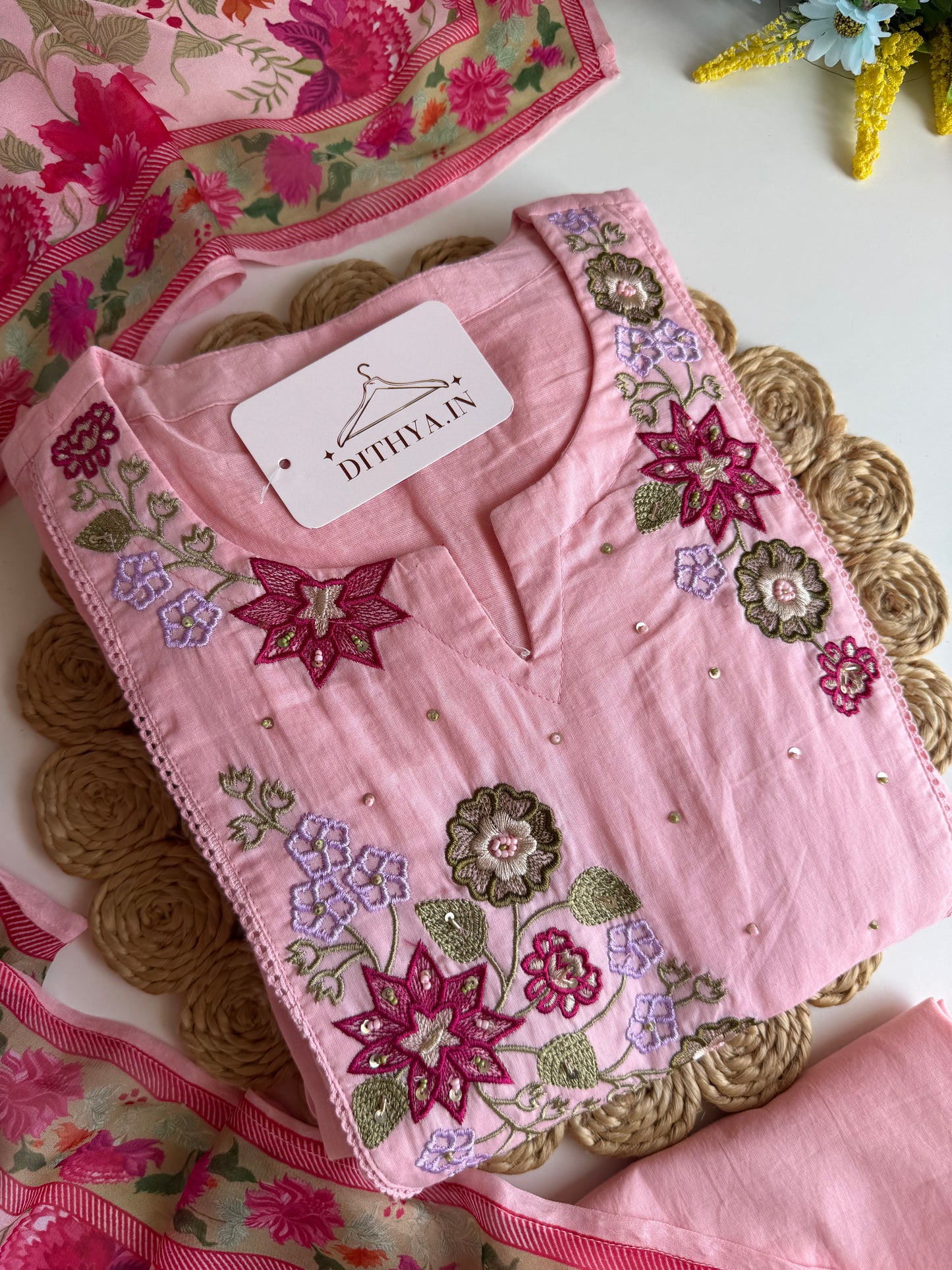 K089 - Mulmul cotton embroidered Anarkali with pants and dupatta