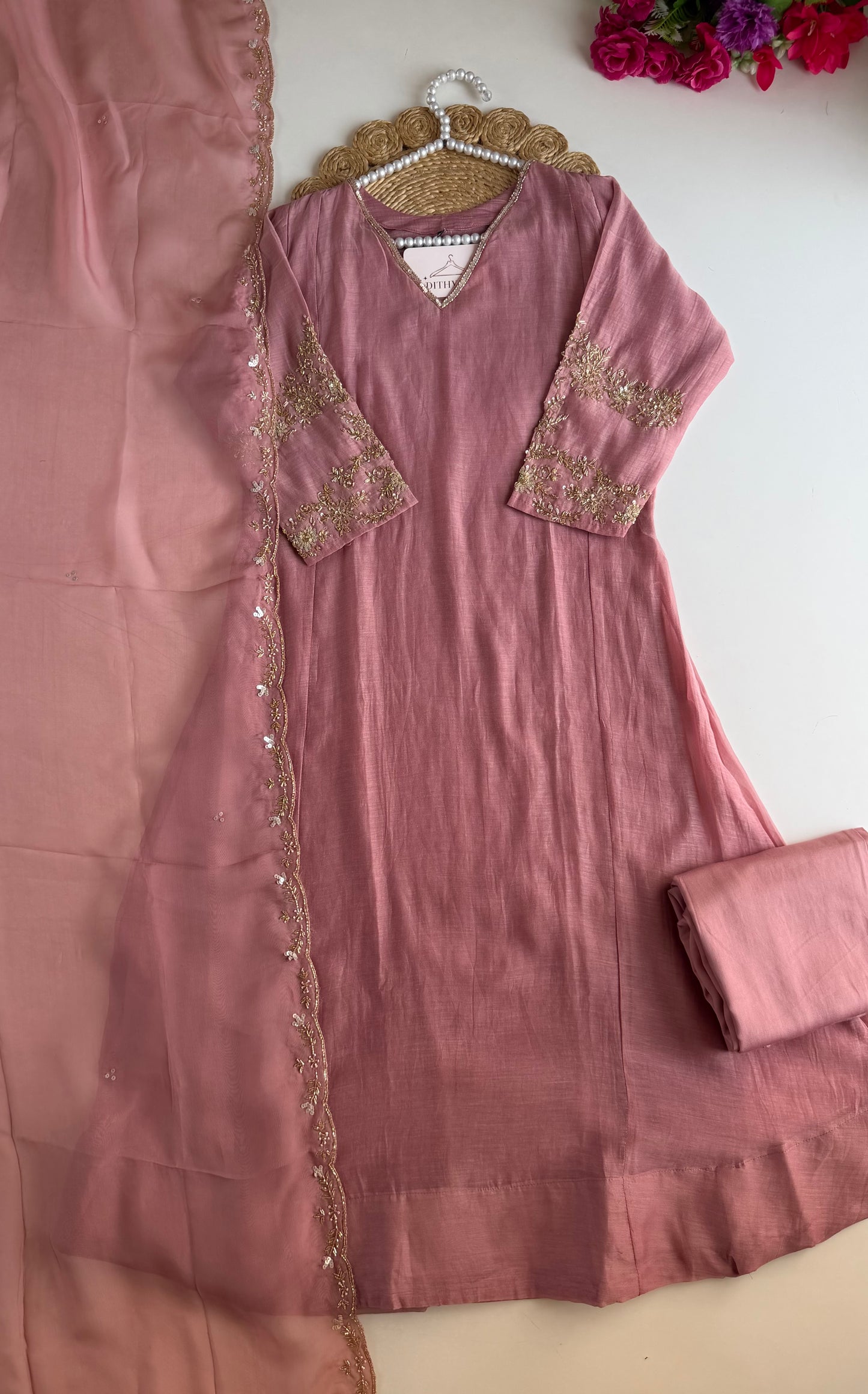 K248 - Mul chanderi handwork aline Kurti with pants and dupatta