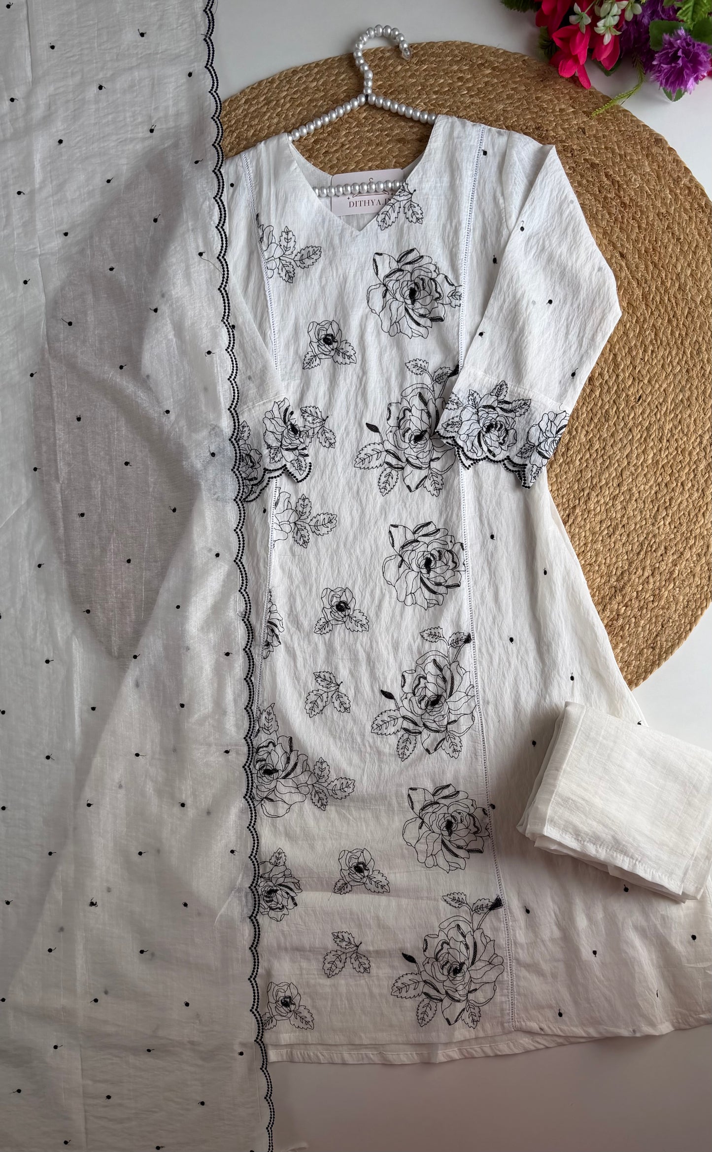 K065 - Crushed Surat Mul chanderi embroidered Aline Kurti with pants and dupatta