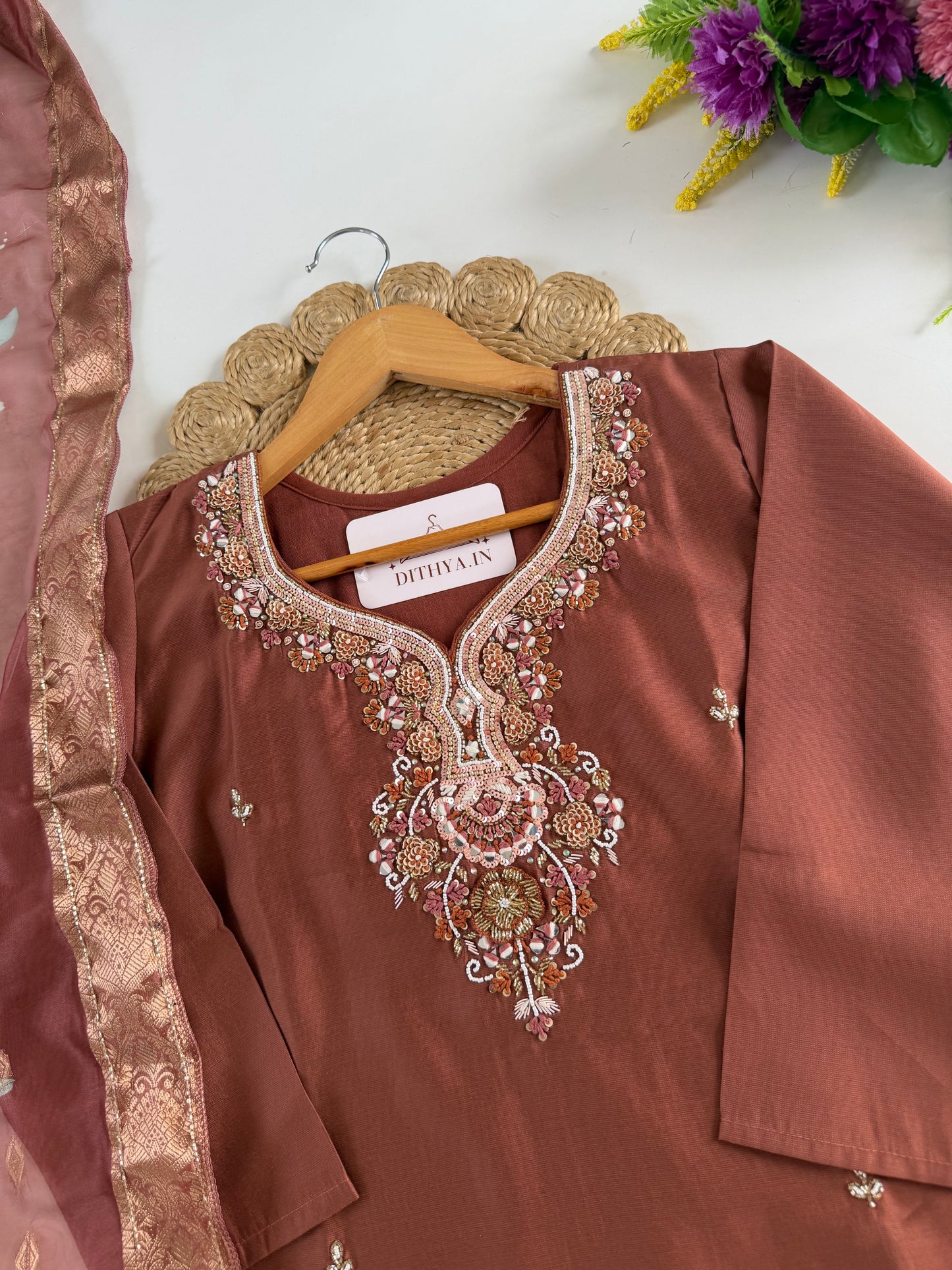 K526 - Roman silk handwork straight Kurti with pants and dupatta