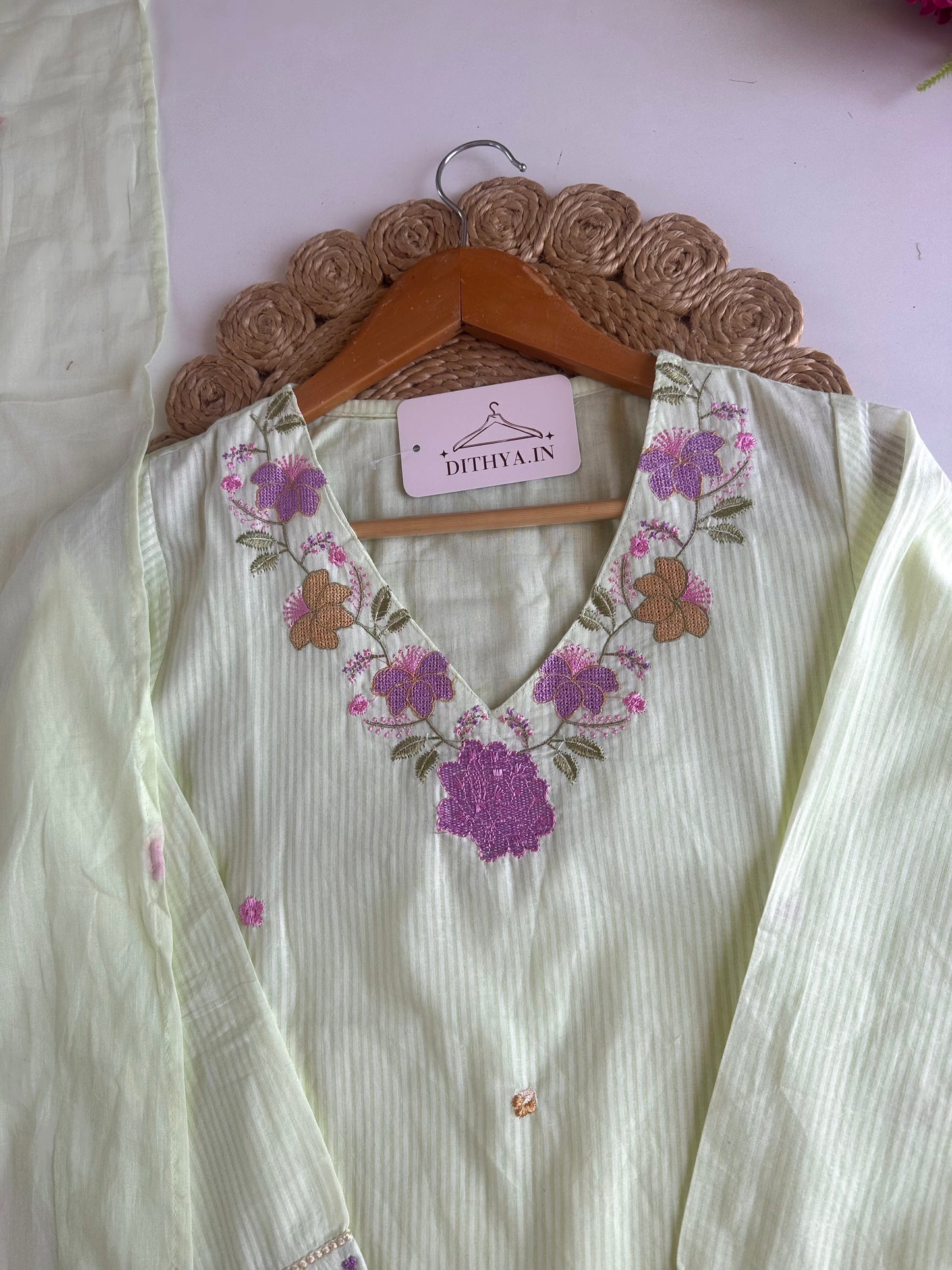 K526 - Mul cotton embroidered straight Kurti with pants and dupatta