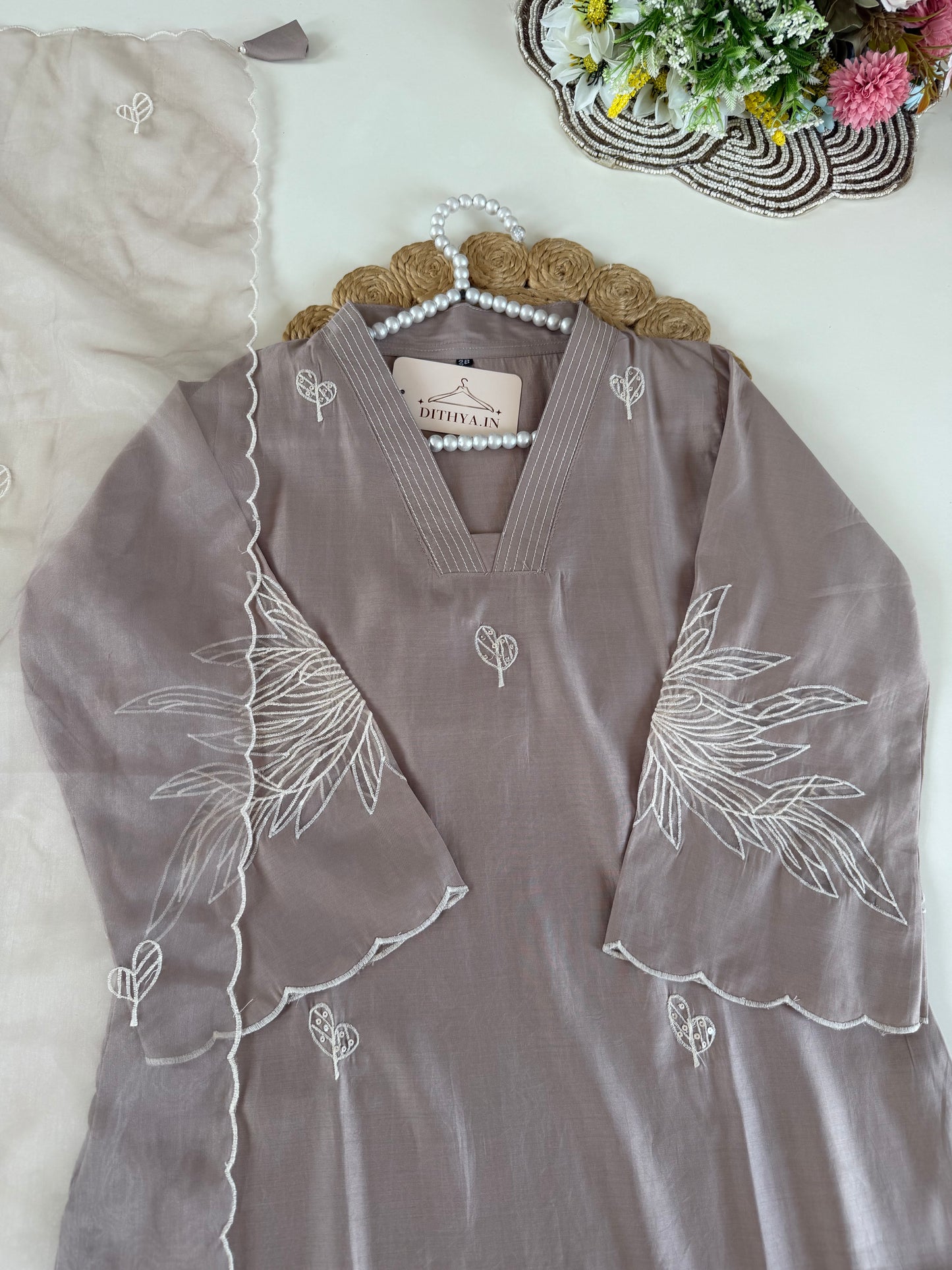 K639 - Roman silk appliqué work straight Kurti with pants and dupatta
