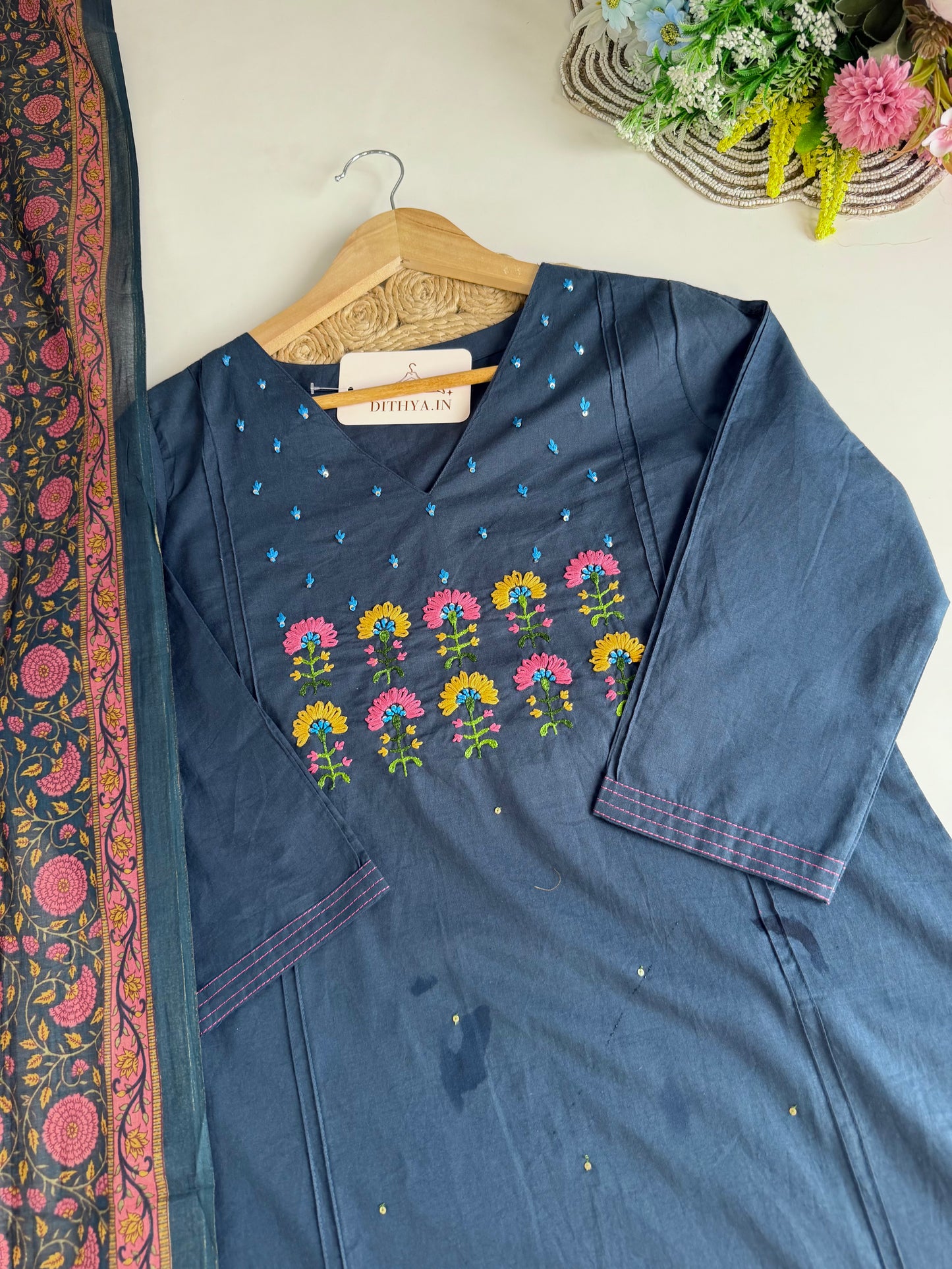 K645 - Mul cotton embroidered straight Kurti with pants and dupatta