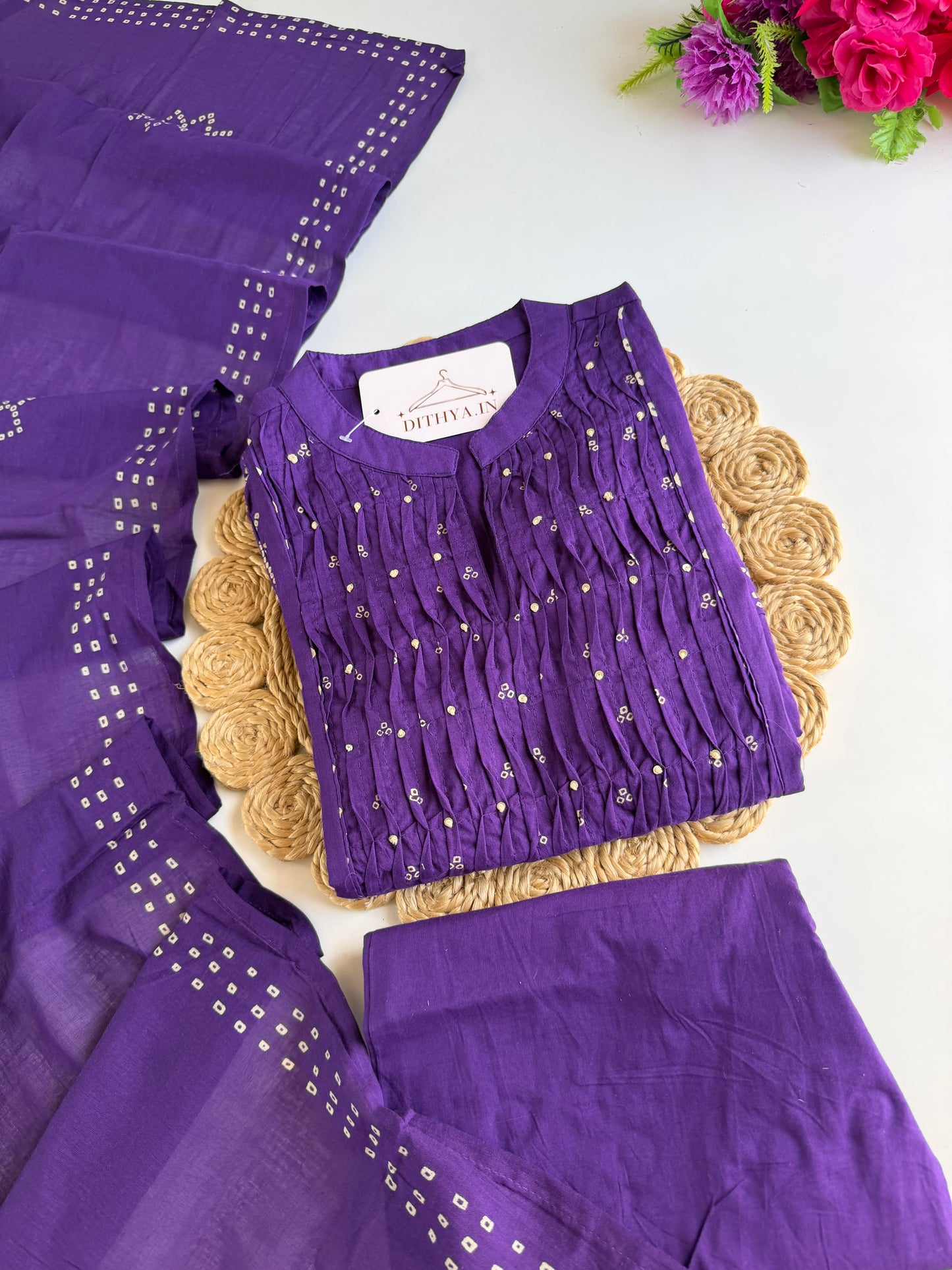 K273 - Mul cotton mirror work Anarkali with pants and dupatta in 4 colours