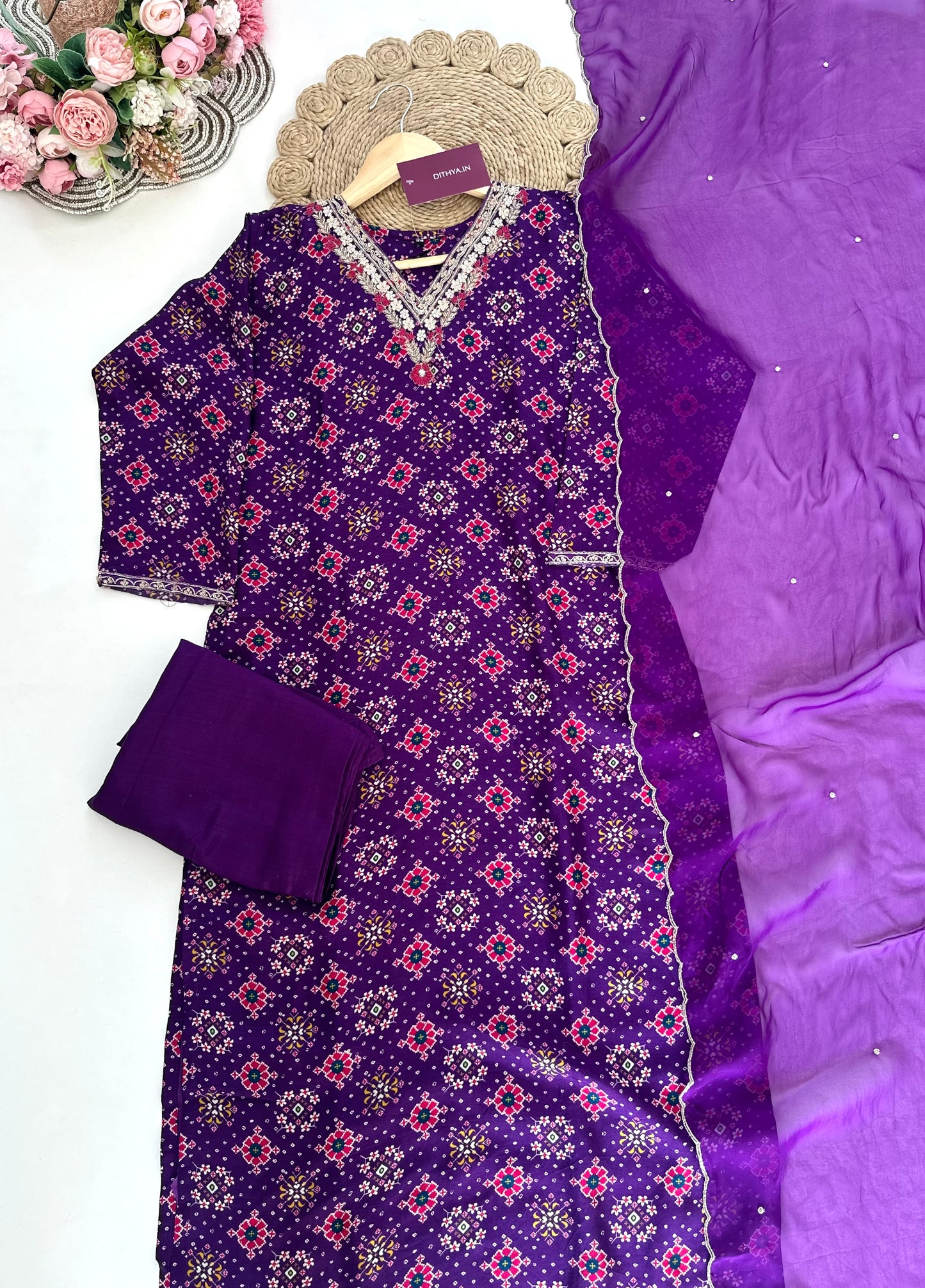 K323 - Russian silk Patola printed straight kurti with pants and dupatta .