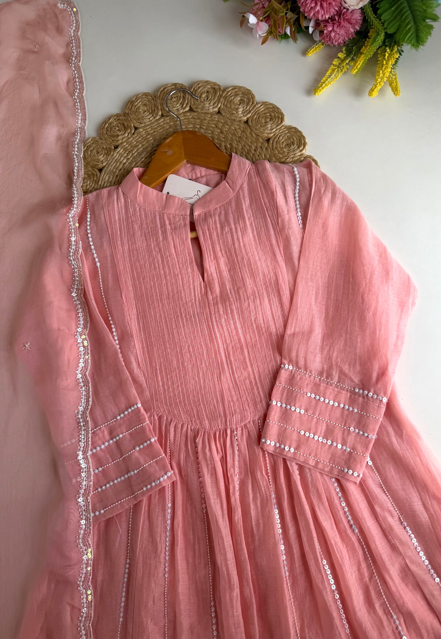 K651 - Mul chanderi handwork Anarkali with pants and dupatta