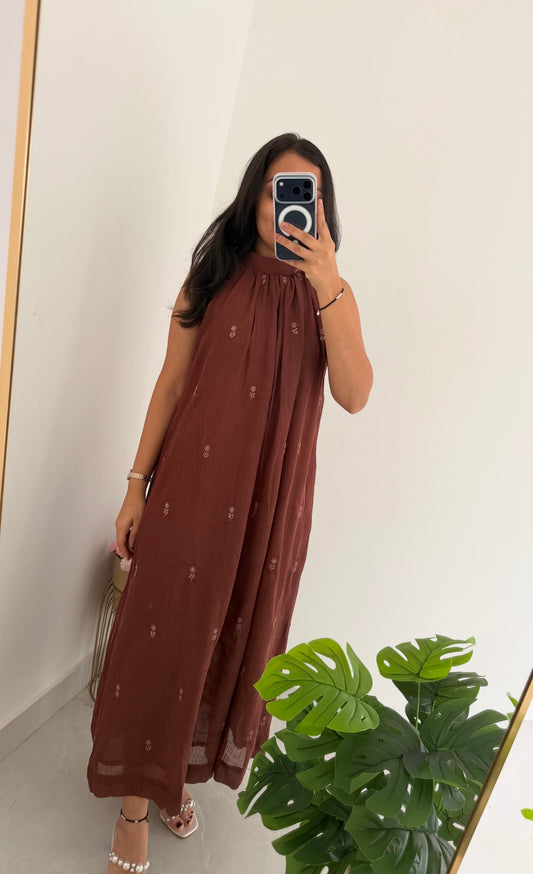 K223 - Mul cotton embroidered halter neck dress