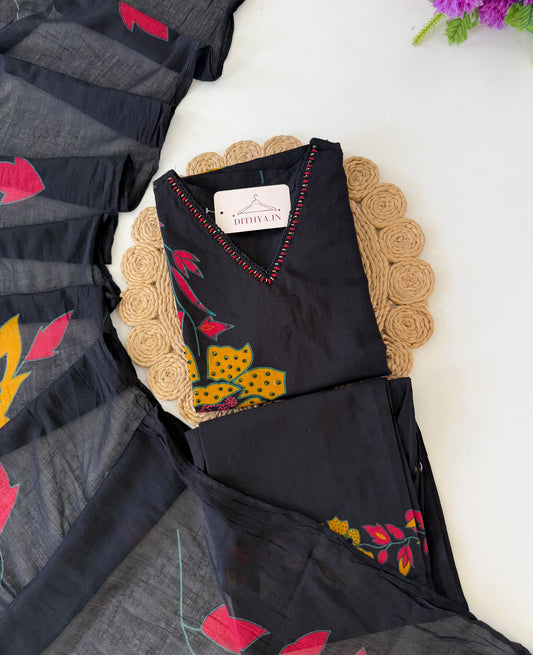 K415 - Mul cotton embroidered Aline Kurti with pants and dupatta