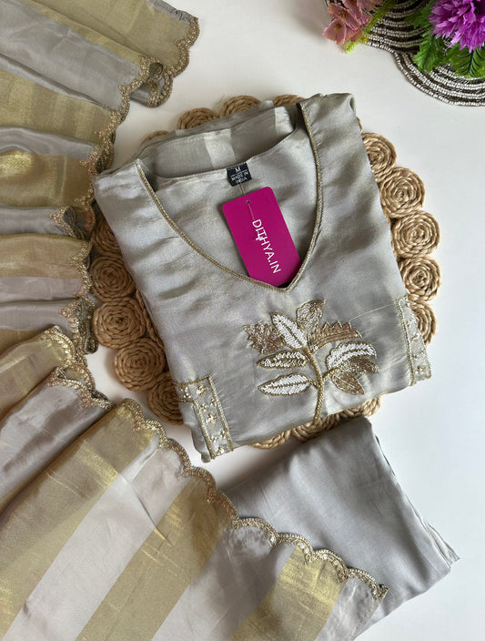K135 - Tissue silk handwork Anarkali with pants and dupatta