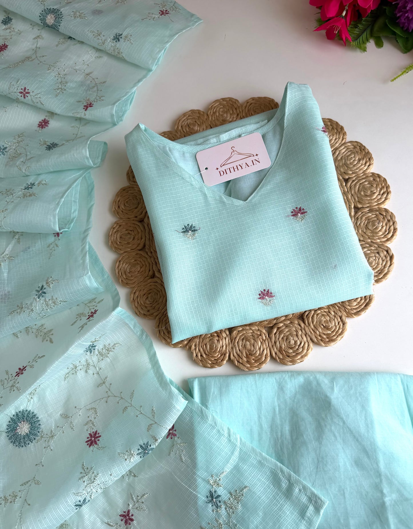 K028 - Kota doriya embroidered straight Kurti with pants and dupatta
