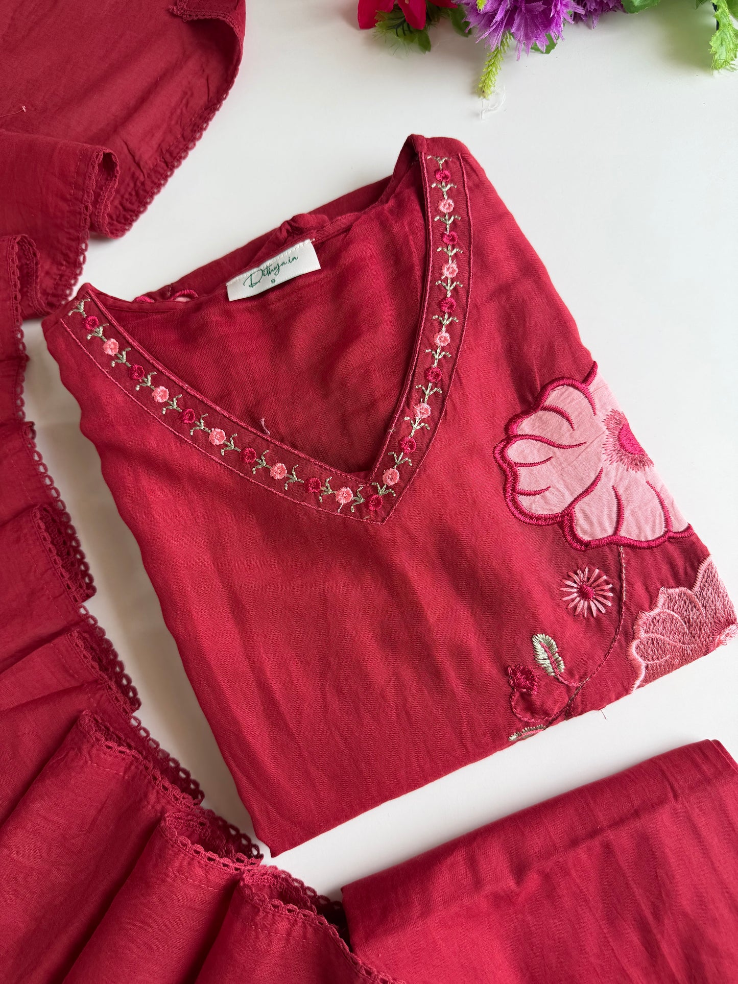 K247 - Mul cotton appliqué embroidered Aline Kurti with pants and dupatta