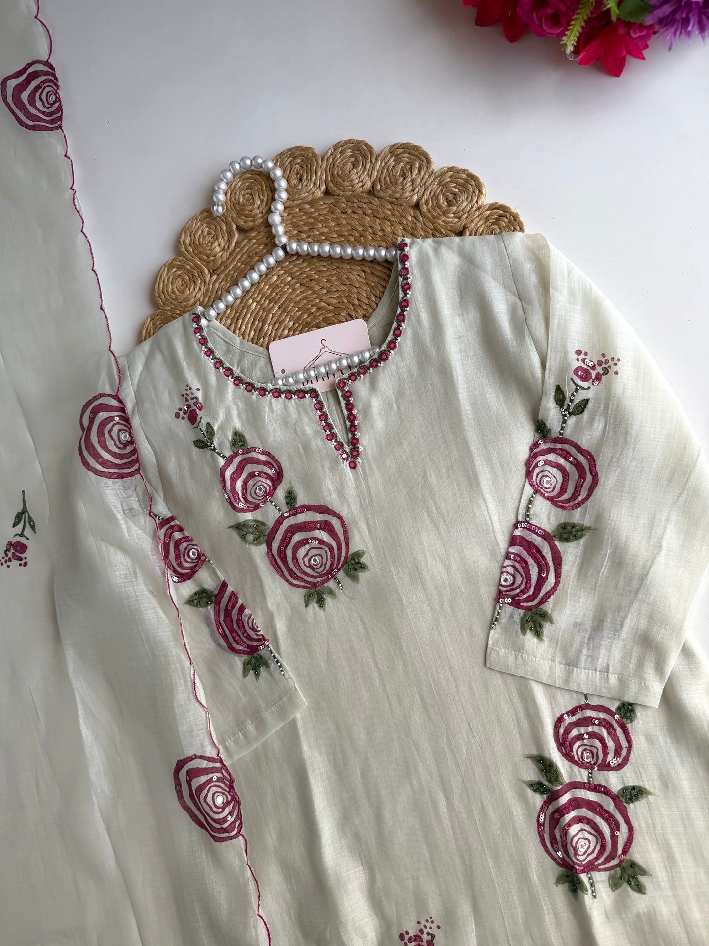 K280 - Mul chanderi handwork straight Kurti with pants and dupatta