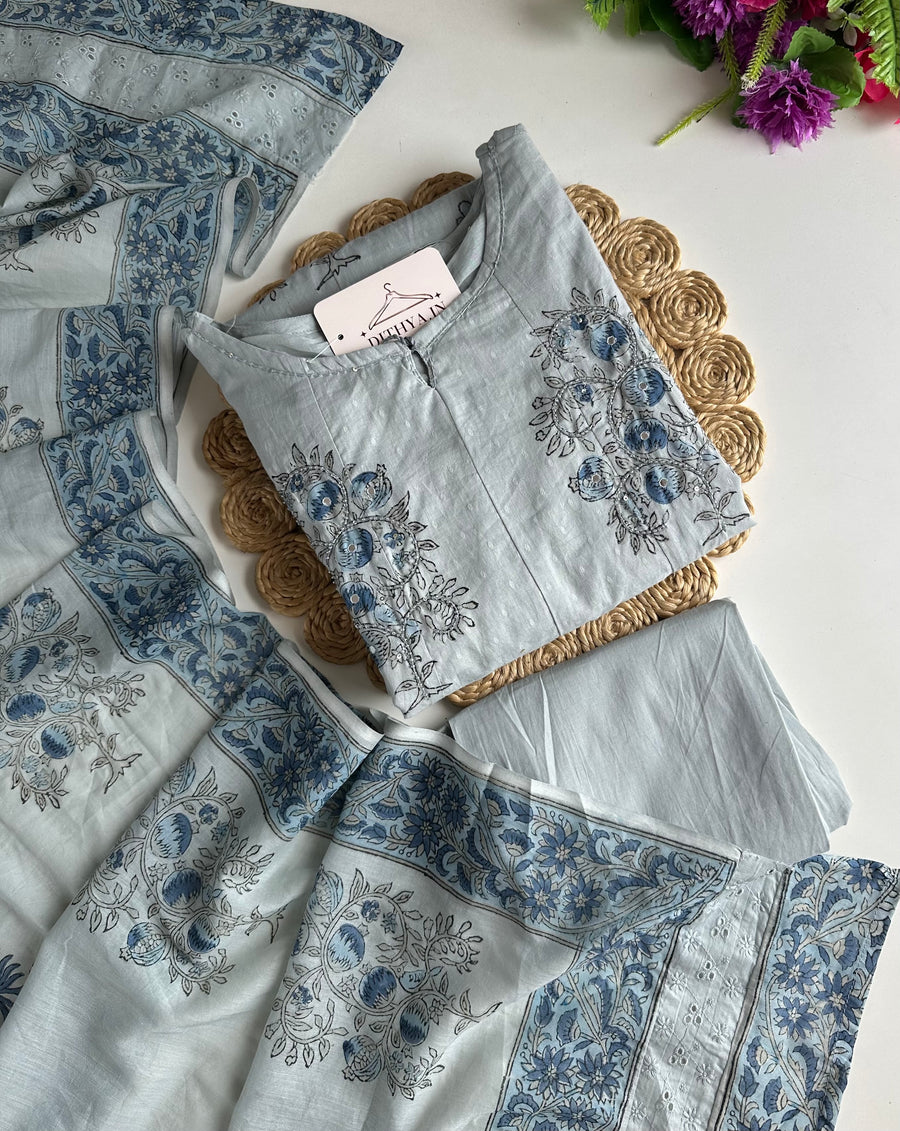 K213 - Mul cotton block print & embroidered Anarkali with pants and dupatta