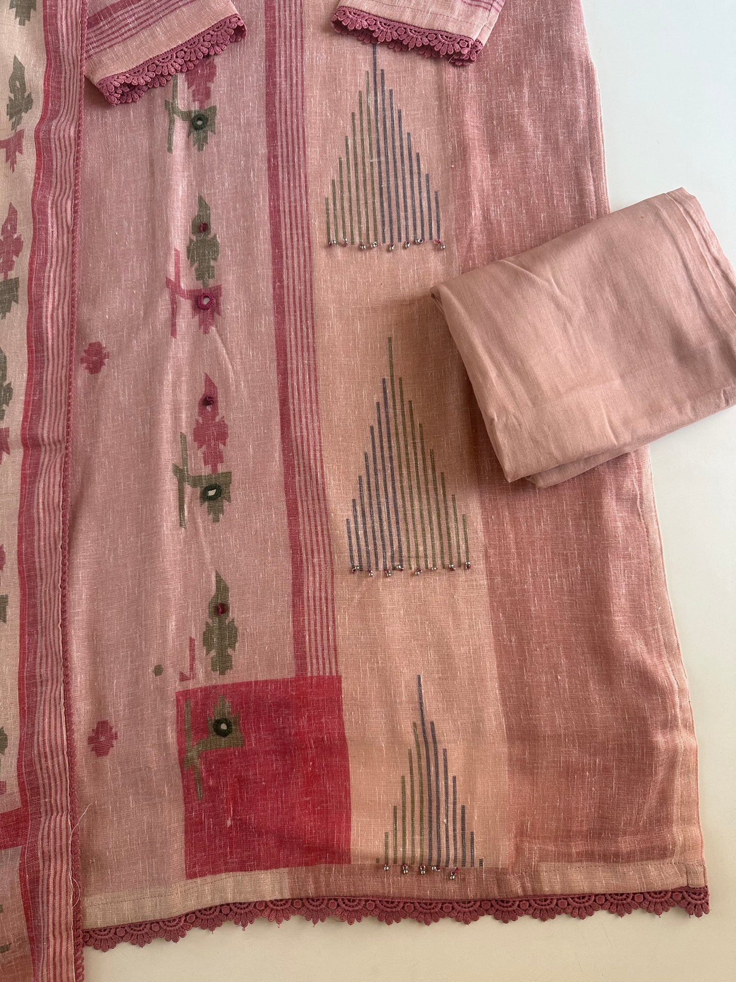 K543 - Linen embroidered straight Kurti with pants and dupatta