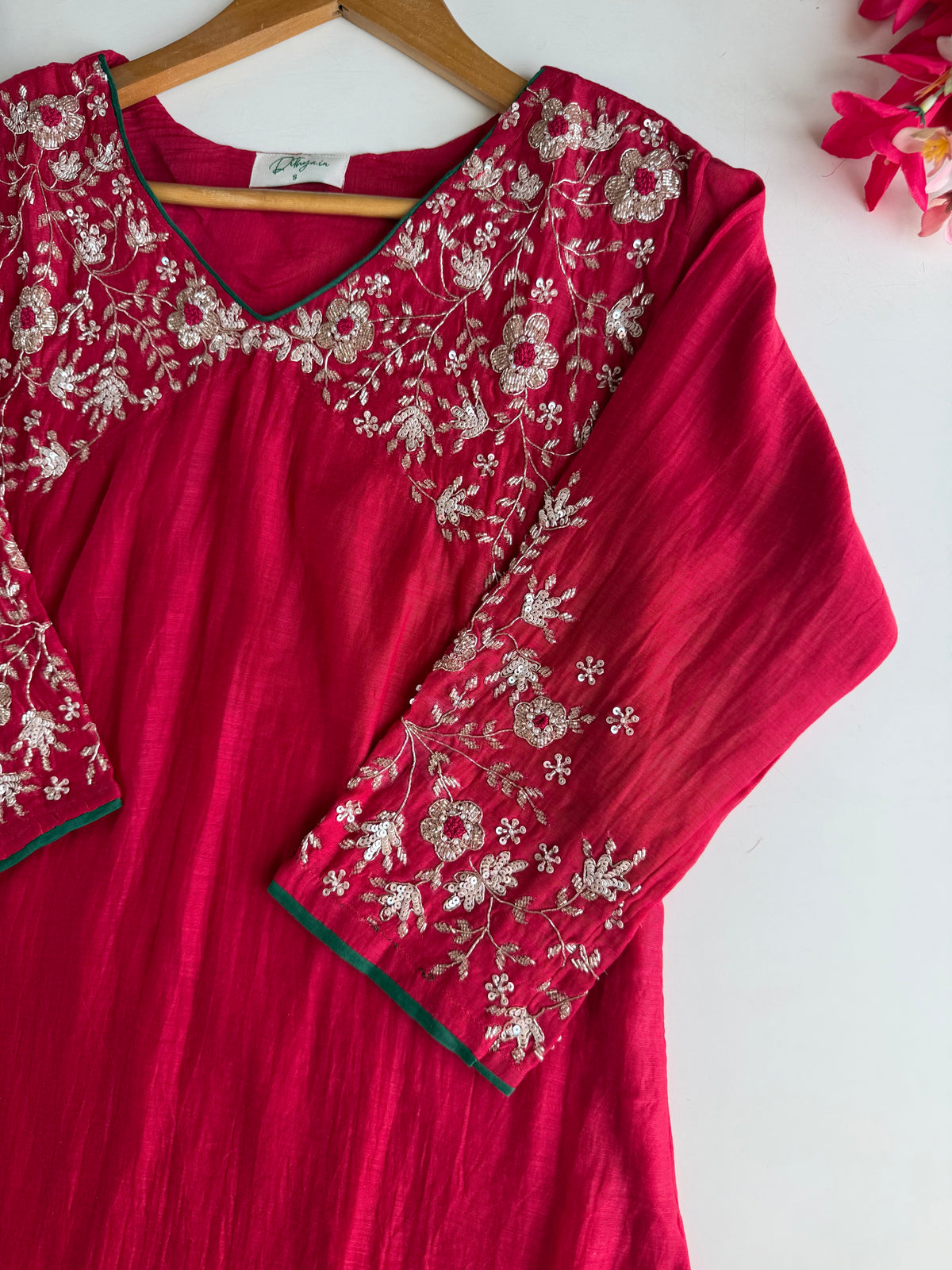 K601 -Mul chanderi handwork Aline Kurti with pants and dupatta