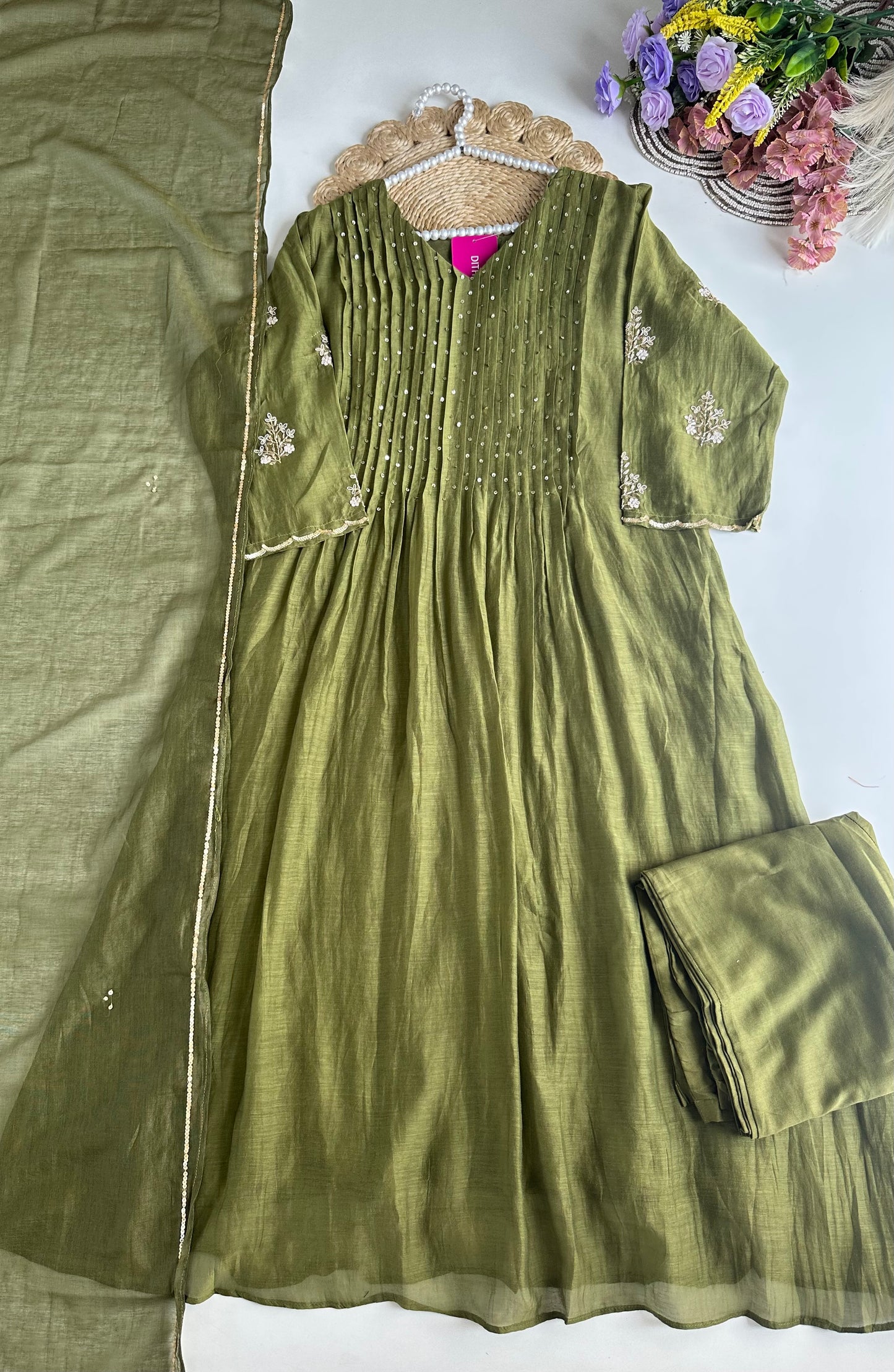 K210 - Mul Chanderi handwork Anarkali with pants and dupatta in 2 colours