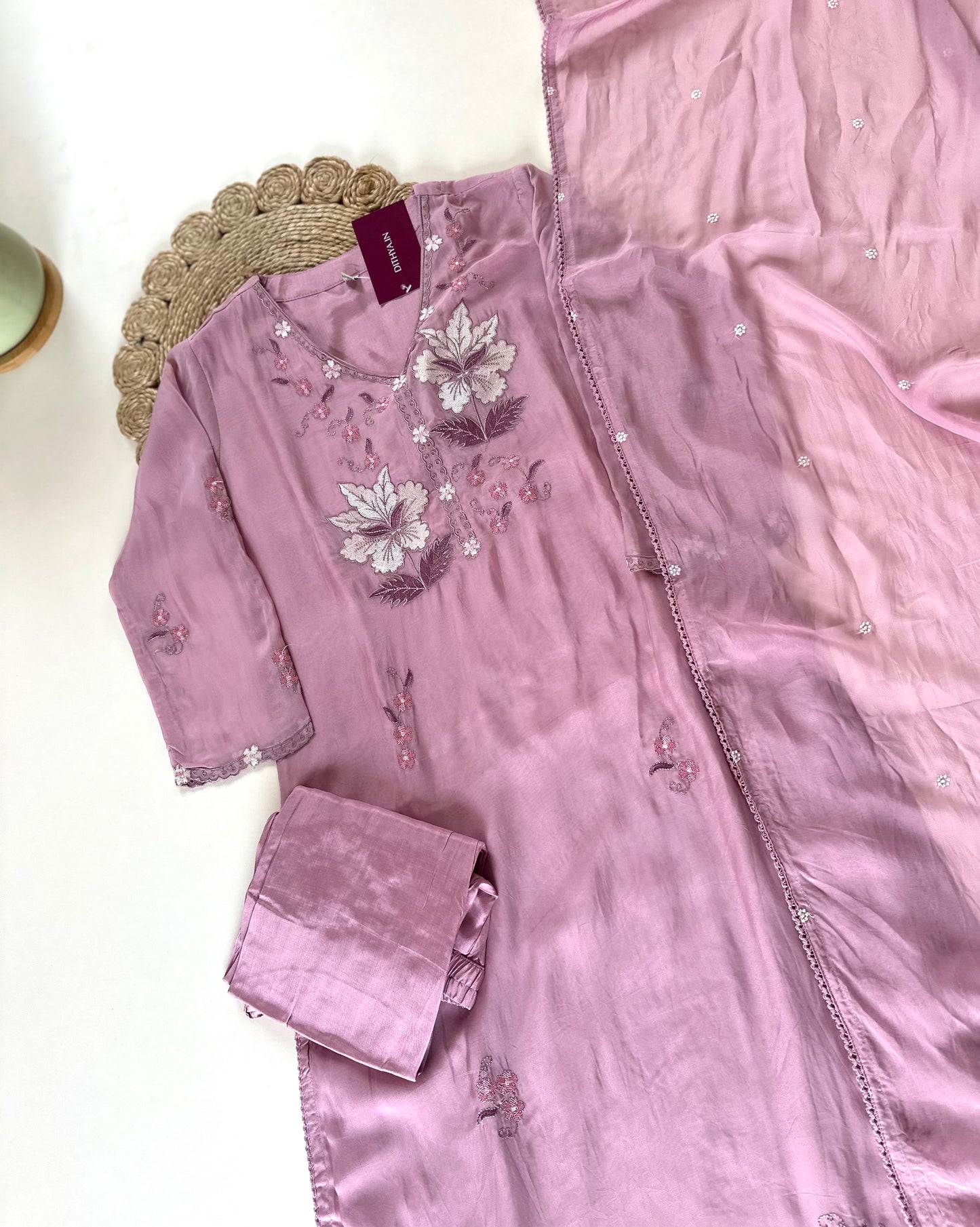 K432 - Viscose organza embroidered straight Kurti with pants and dupatta